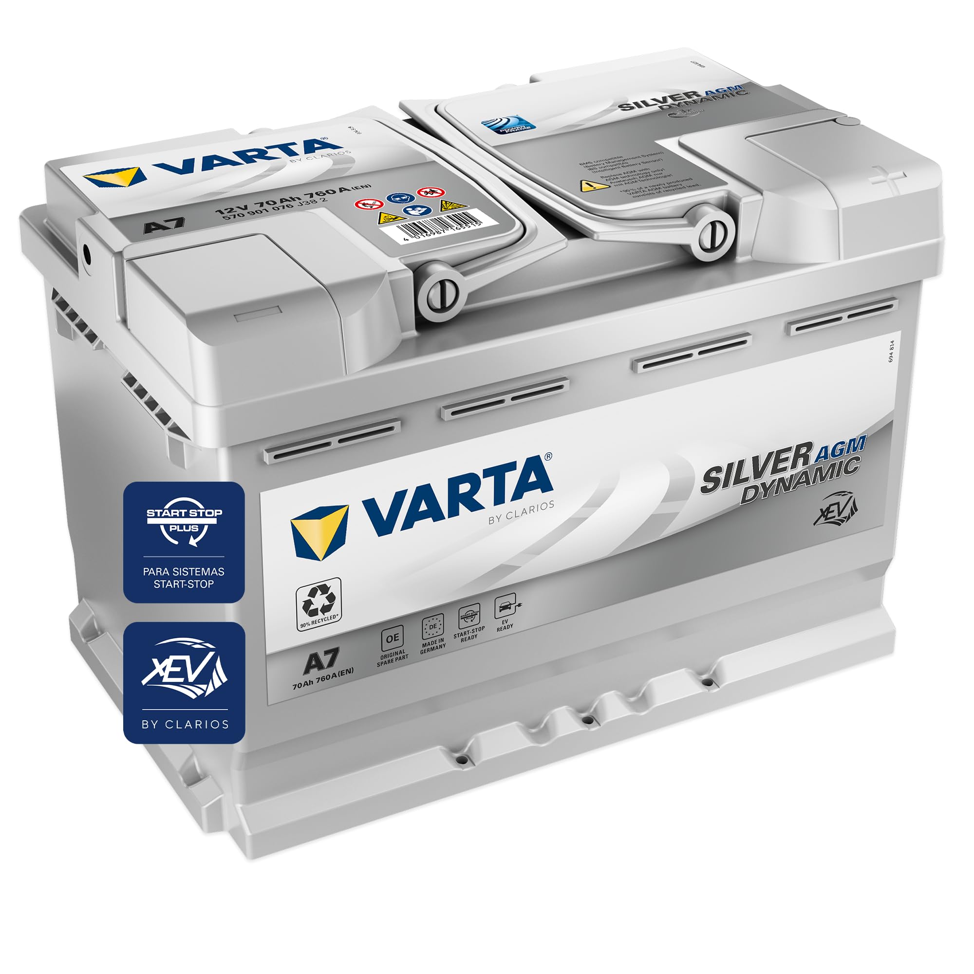 VARTA Batería Silver Dynamic AGM A7 (E39) – Start-​Stop y batería de coche xEV 12 V 70 Ah 760 A – Batería de arranque para coches con alto consumo de energía