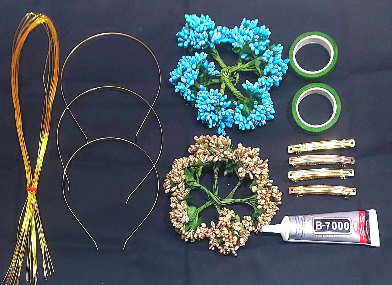 Bharat Flower Making Kit with polance Flower, Gold Craft Wire, Hair Band, Centre Clip, Green Tape, B7000 Glue, Veni Making Kit (Blue Polance Flower)-image-44