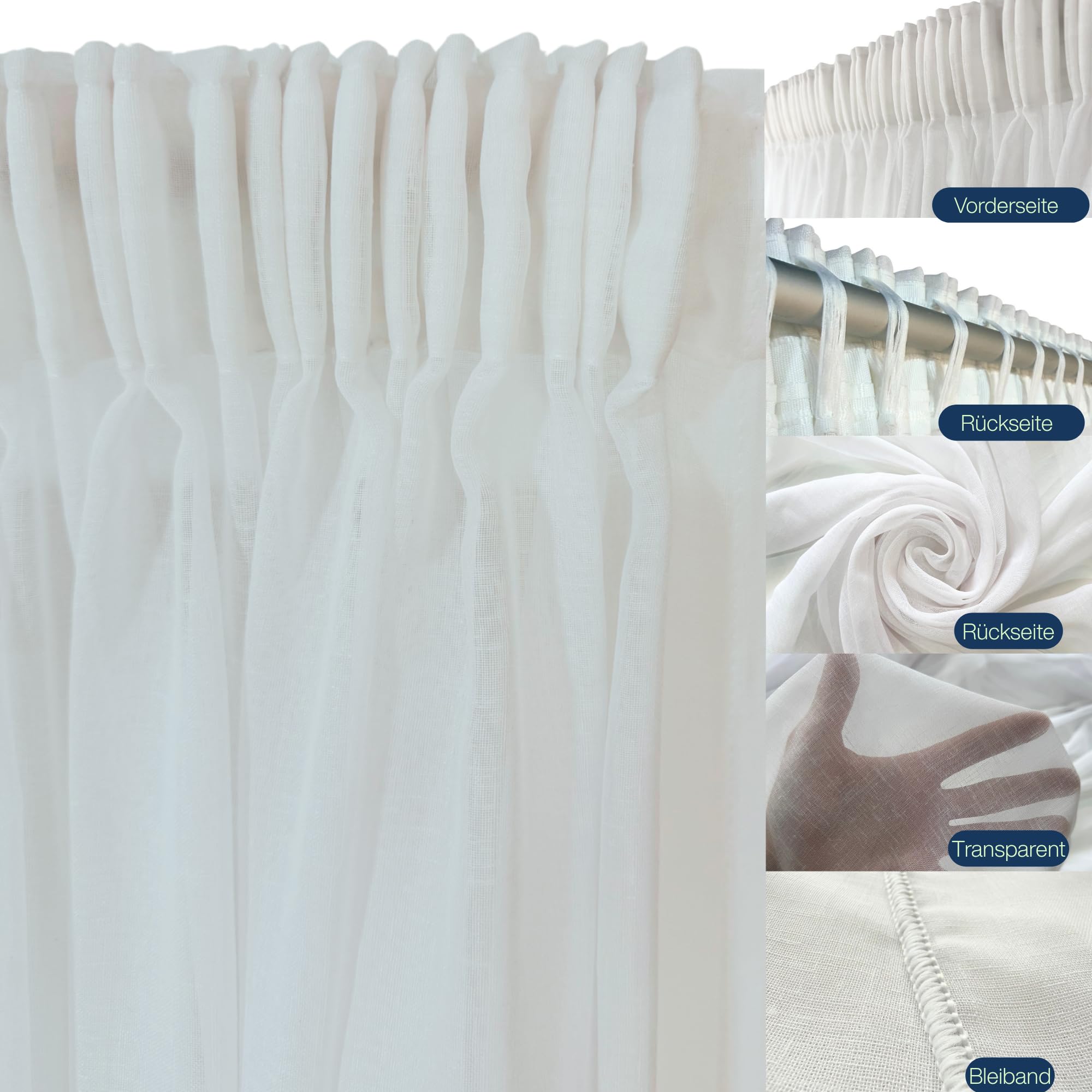 Weiße Leinenoptik Gardine mit Universal Kräuselband & Bleiband–Transparenter Vorhang für Wohnzimmer&Schlafzimmer–Lichtdurchlässig, Pflegeleicht,in verschiedenen Größen erhältlich (190 x 200 cm (HxB))