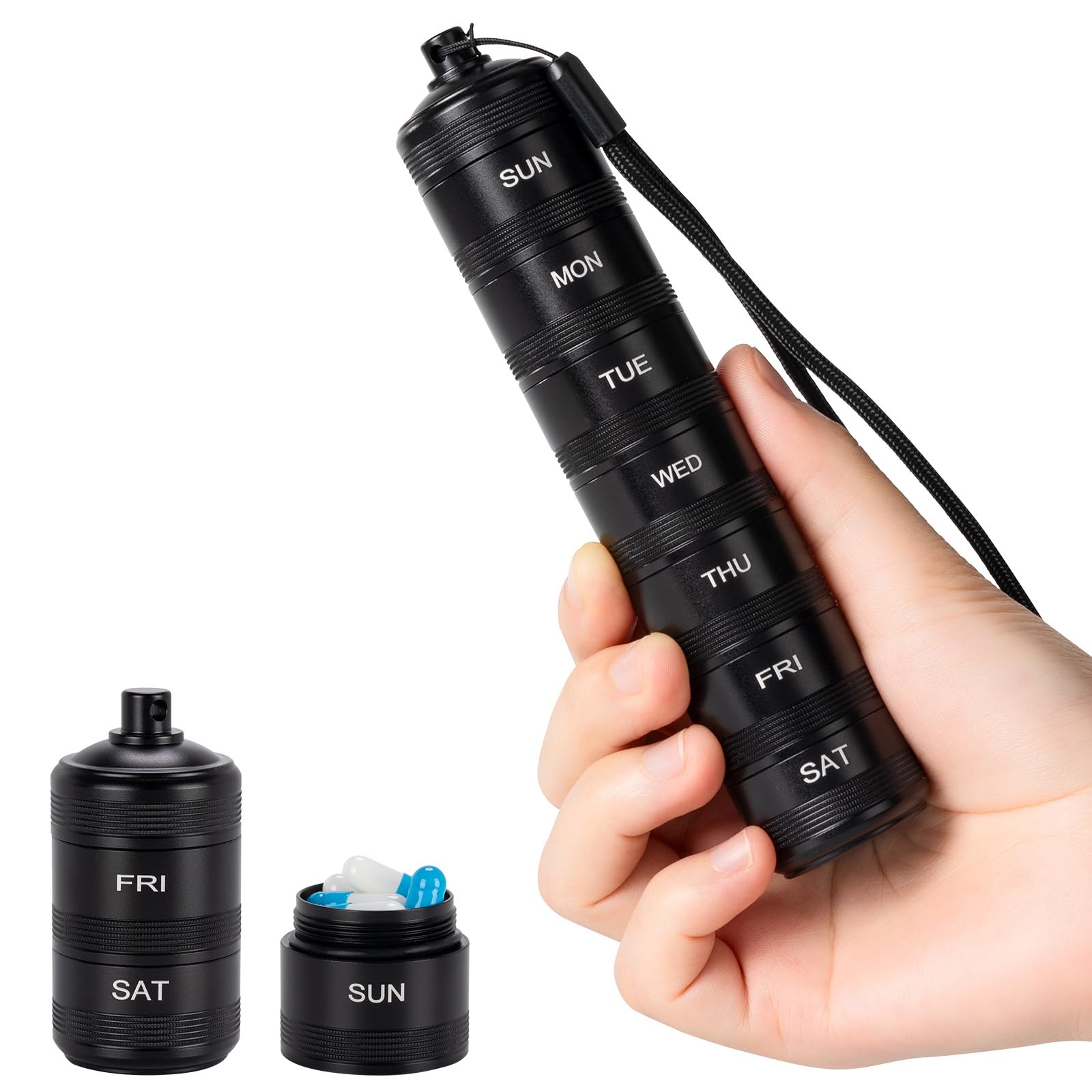 Portable Travel Pill Organizer - Metal Waterproof Pill Box, Small Compact Weekly Aluminum Alloy Container, 7 Day Daily Medicine Organizer Holder for