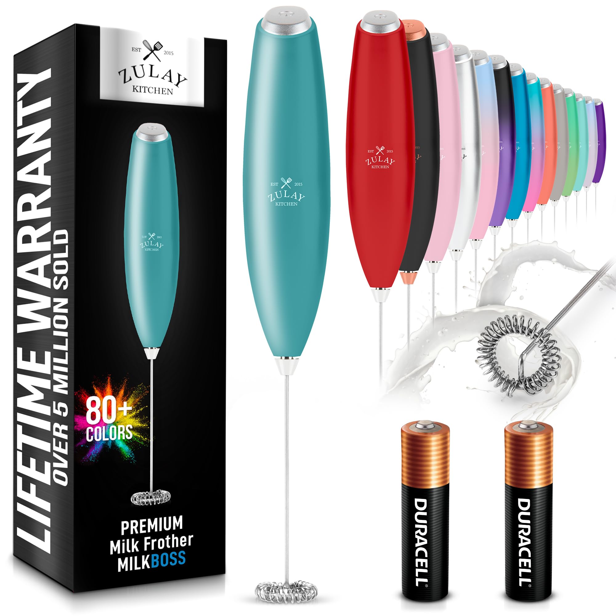 Zulay Kitchen Milk Frother Handheld Electric Whisk with AA Duracell Batteries – Durable Drink Mixer for Coffee, Lattes, Cappuccinos & More - Aqua