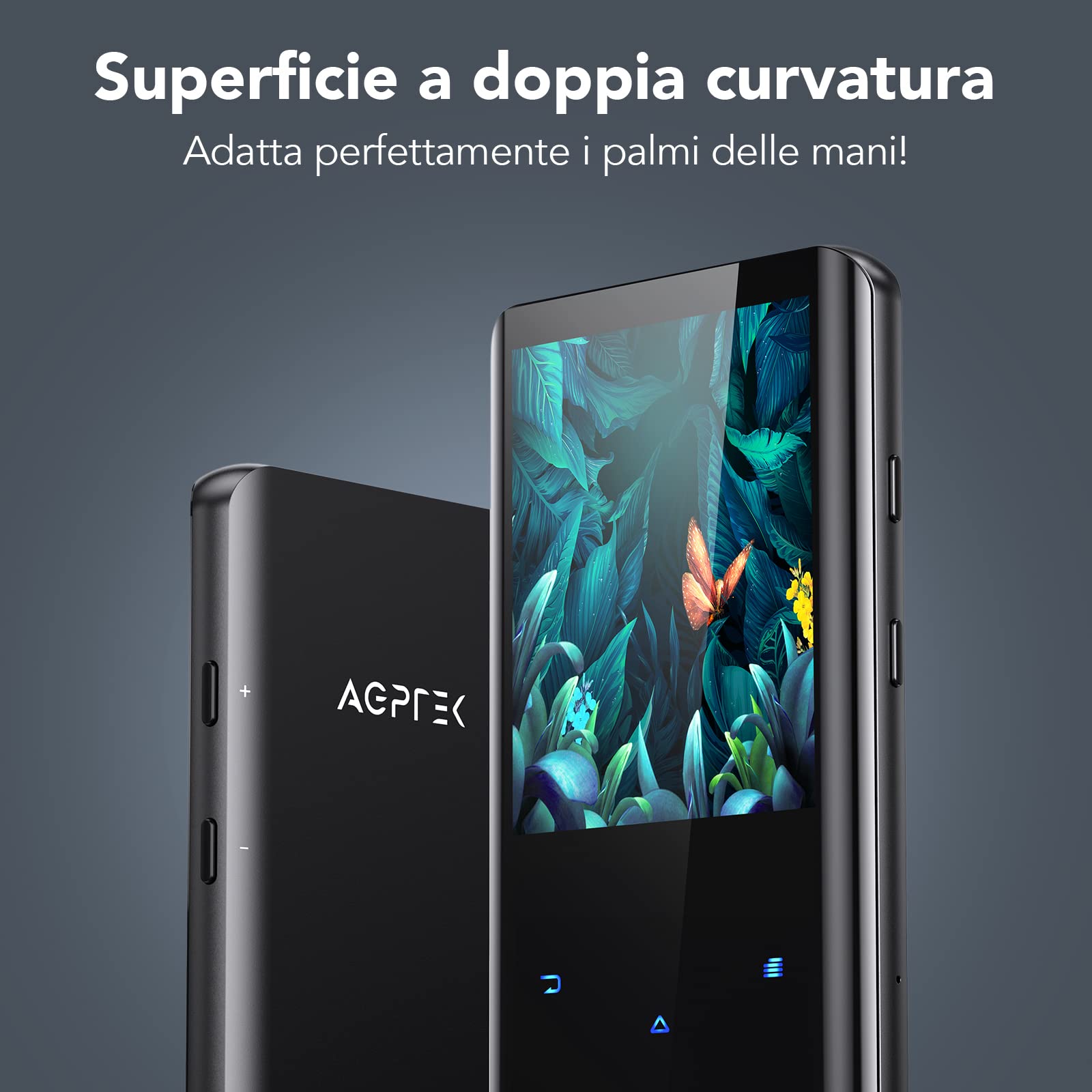 AGPTEK Lettore MP3 da 64 GB, Bluetooth 5.3 con schermo a colori TFT da 2,4 pollici, musica HiFi con altoparlante, pulsanti touch, radio FM, e-book, registrazione, timer sleep, supporto fino a 128 GB,