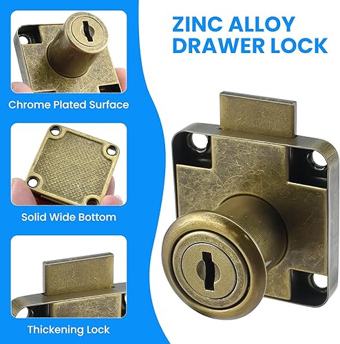 Miniatura 3 de SDTC Tech Cerradura de cajón con llaves y tornillos a juego, cerradura giratoria estilo bronce antiguo para gabinetearmarioarmarioescritorio de