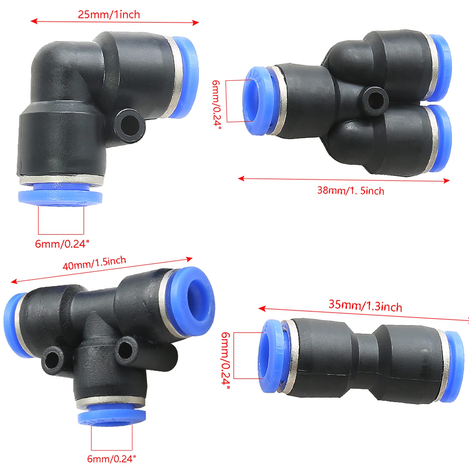 Piutouyar 40 Pcs Pneumatic Push to Connect Fittings 1/4" OD Pneumatic Fittings Kit Plastic Air Line Quick Fittings 10 Spliters + 10 Elbows + 10 Tee + 10 Straight Tubes (6mm combo)