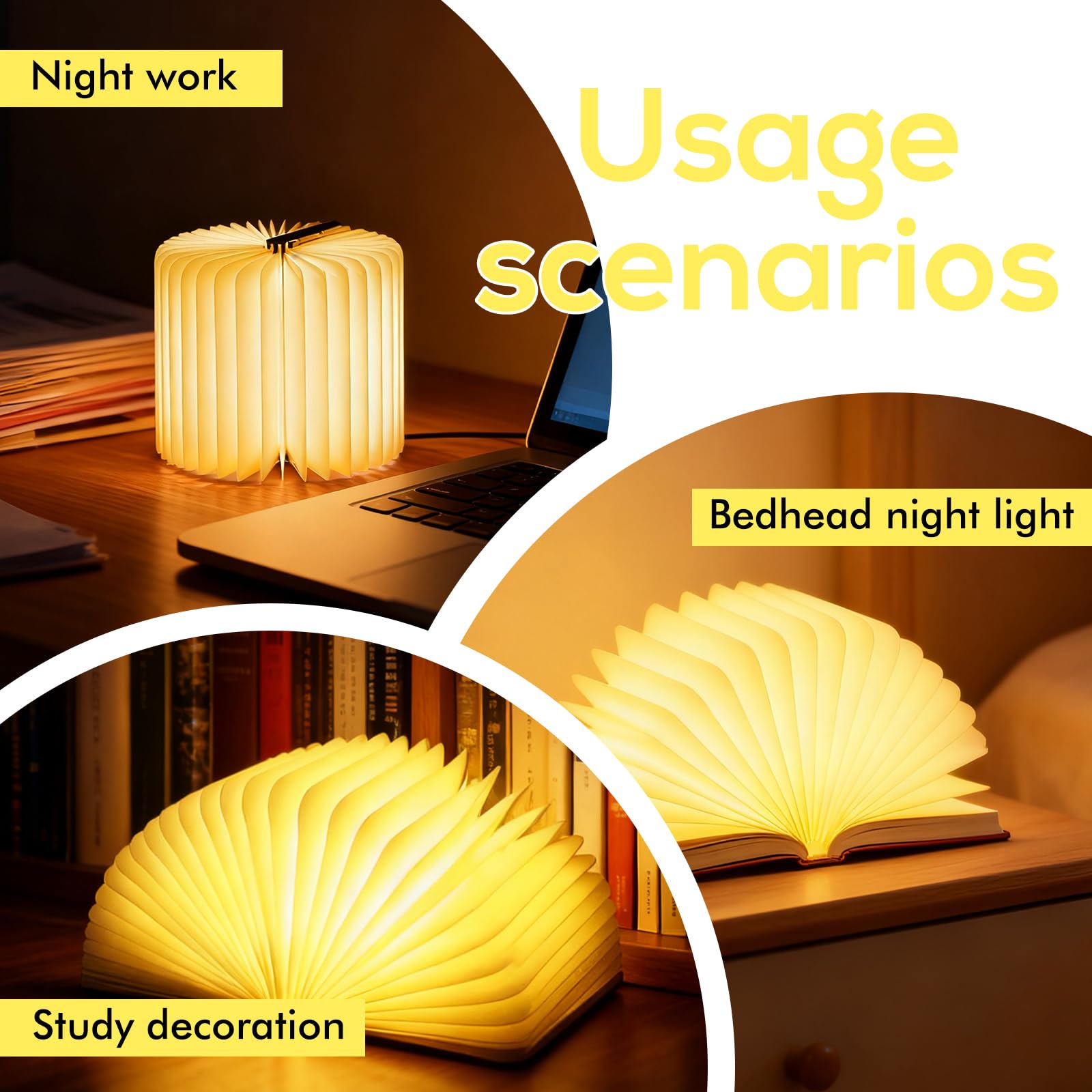 Lampada da libro pieghevole in legno, lampada da libro pieghevole a 360°, lampada da libro in legno con 3 colori, pieghevole Magnetiche per libri USB, ricaricabile a batteria, per camera da letto e