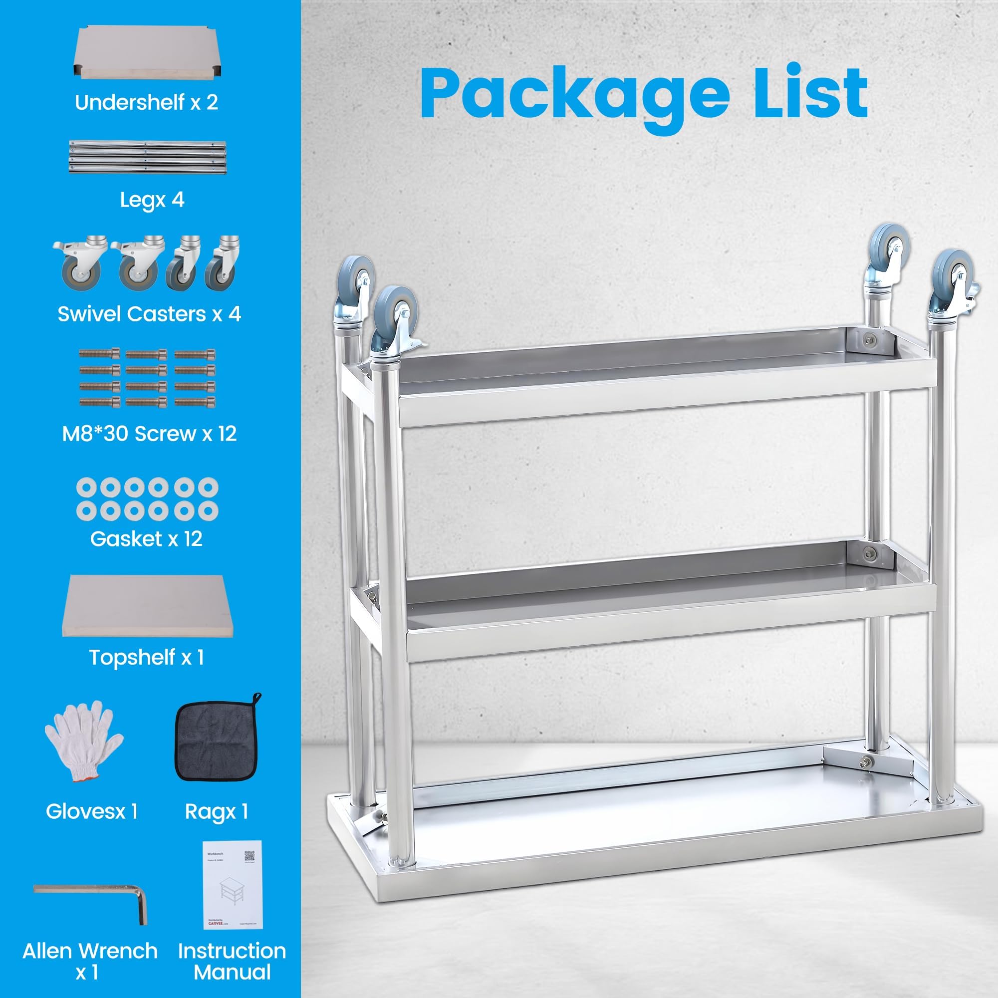 Acekool Table de Travail INOX Professionnelle 3 Niveaux 36 x 14 x 34 po - étagère de Rangement - roulettes verrouillables - Facile à Nettoyer, antirouille - pour Cuisine/Restaurant/hôtel/Atelier -