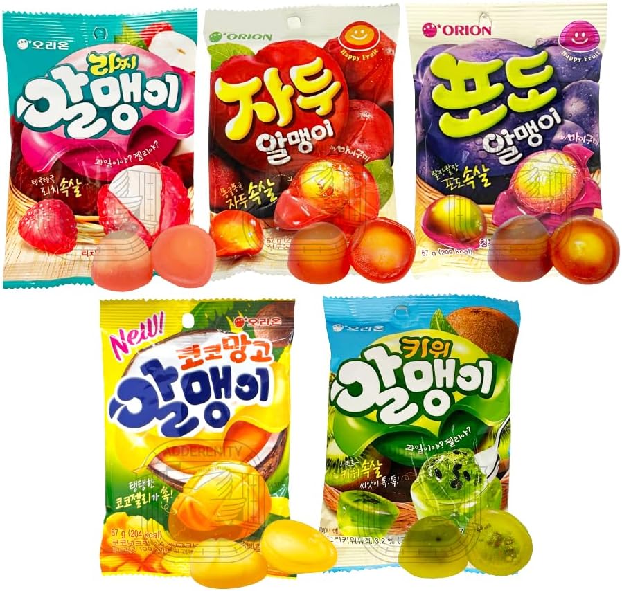 [5 PACK]Fruit Peelable Candy - 4D peelable Gummies, 11.8 oz Rich 5 Fruits Flavored Jelly Fruit Peelable Candy - Soft Texture 4D peelable Gummies Jelly Filled Gummies, Gluten Free Korean Snacks, Sweet Crystal Fudge for Party Father's Day Gifts (5 Bags) Packed 오리온 한국 젤리