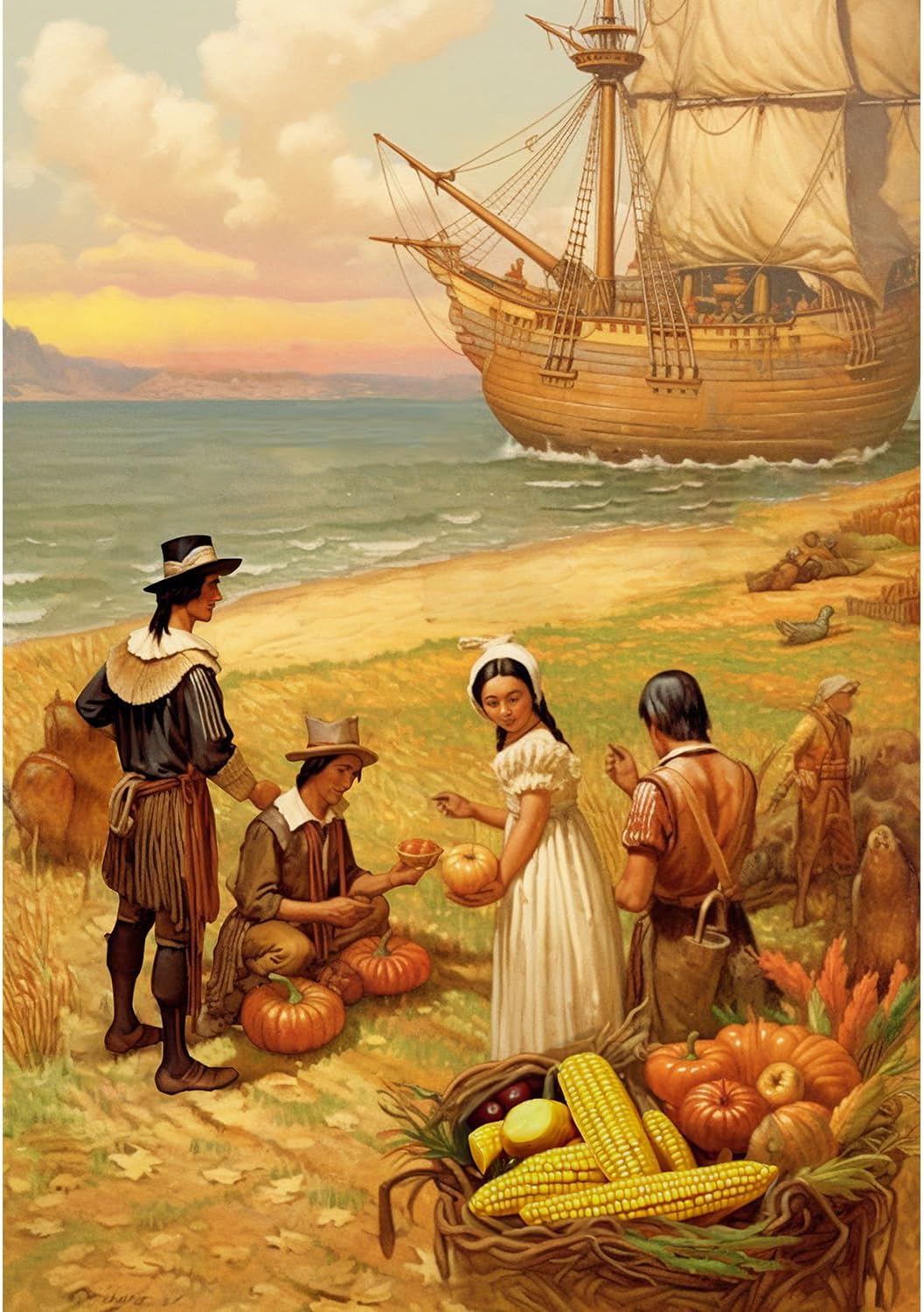 America Forever Fall Thanksgiving House Flag 28 x 40 inch Harvest Pumpkins Mayflower Ship Large Double Sided for Outside, Autumn Flag Outdoor Decors