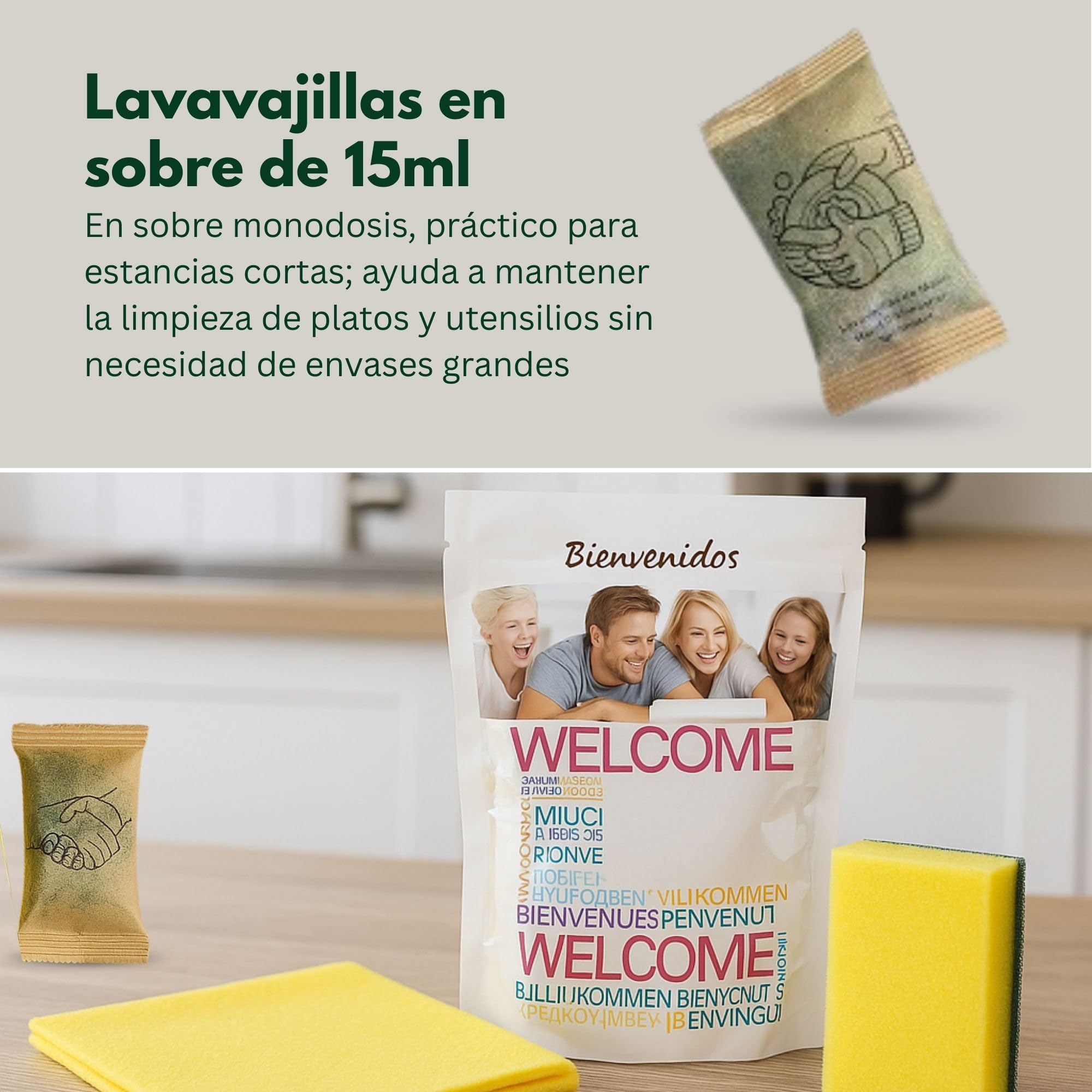 50 Kits de Limpieza para Cocina Alojamientos Turísticos – con Bayeta Amarilla, Esponja Salvauñas y Sobre de Lavavajillas 15ml – Amenities de Bienvenida – Hecho en España - Set de cocina para limpiar