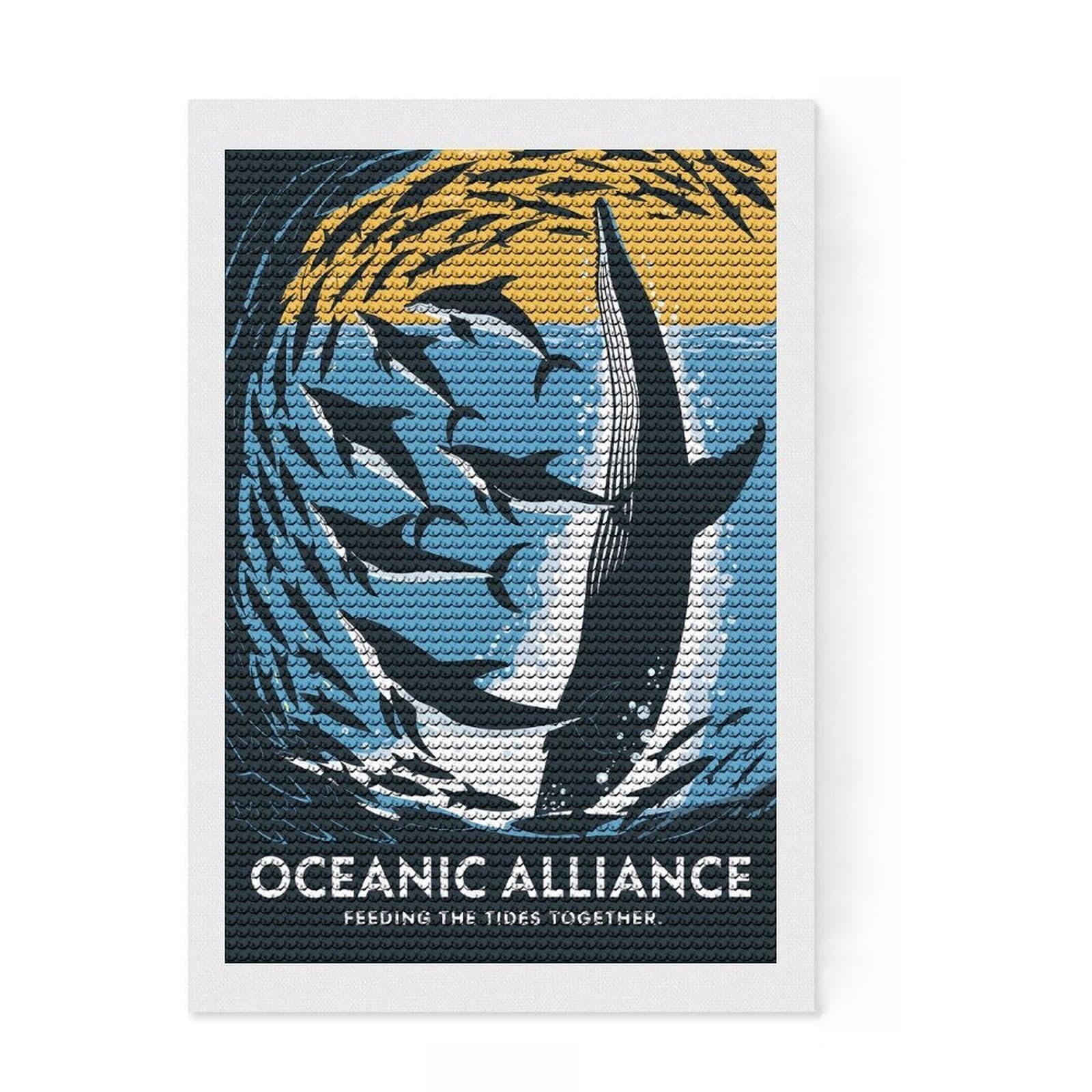 Junmoney Oceanic Alliance Whale and Dolphins Illustration Full Drill Diamond Painting Kit 8"x12", Full Kit Included, Aesthetic Room Decor, for Family Craft Time