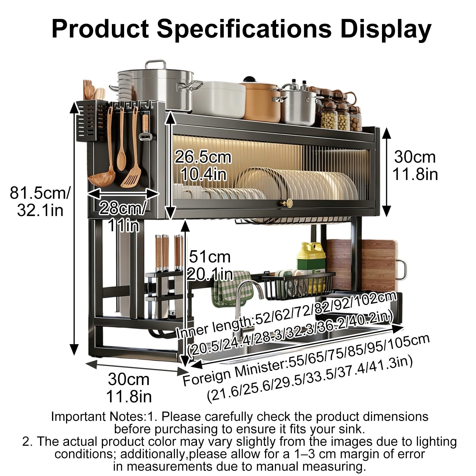 Escurridor de Platos Sobre el Fregadero,Escurreplatos Acero Inoxidable 2 Niveles con Puertas Abatibles Antipolvo,Ajustable en Ancho y Altura para Platos Vasos Ollas(105x30x81.5cm/41.3x11.8x32.1in)