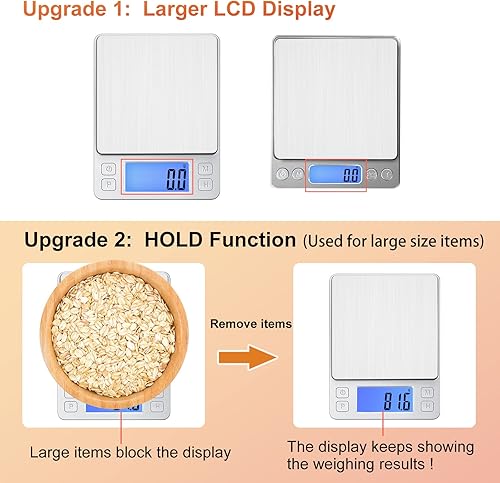 Miniatura 2 de BOMATA Báscula de alimentos pequeña mejorada, 0.1 g0.001 oz de alta precisión, 3000 g6.6 lb, con nueva función de retención y pantalla más grande,
