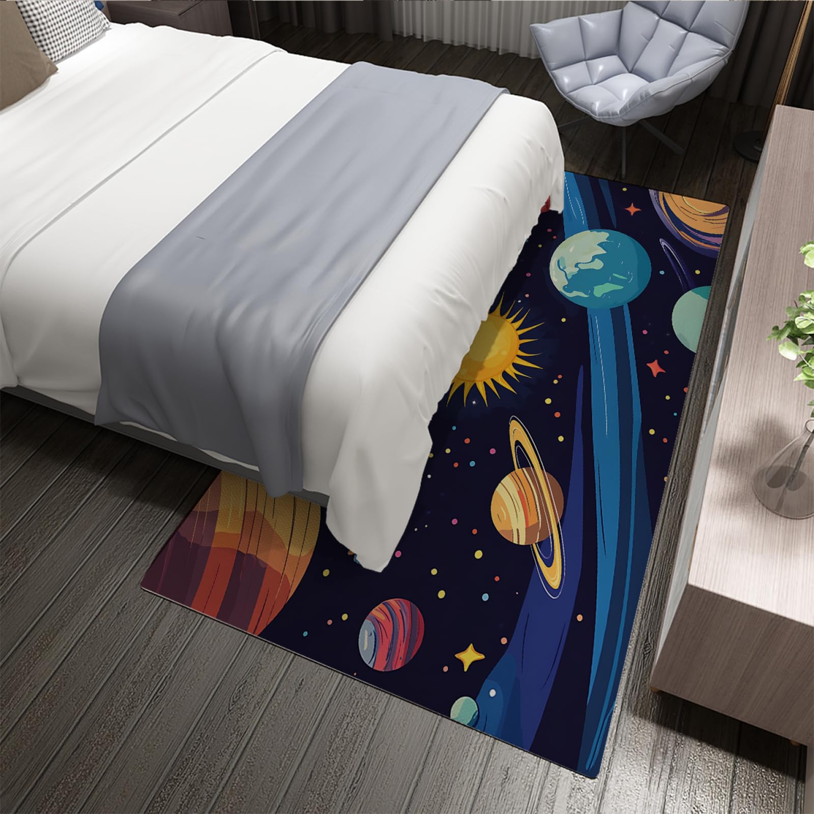 Tappeto dello spazio esterno Tappeto per astronave per la stanza dei ragazzi Tappeto dei cartoni animati Pianeta stellato Zerbino per aula Tappeto per la stanza della scuola materna 60 x 100 cm