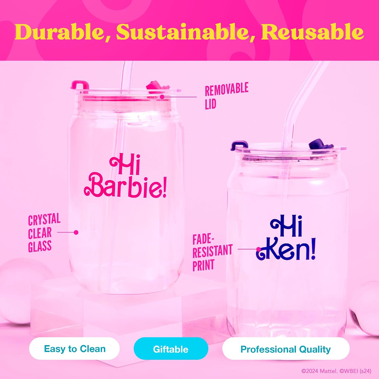Dragon Glassware x Barbie The Movie - 16 oz Glass Cups with Lids and Straws, Set of 2 - Iced Coffee Cups with Lids - Glass Tumbler with Straw and Lid for Hot, Cold Drinks - Hi Barbie! Hi Ken!