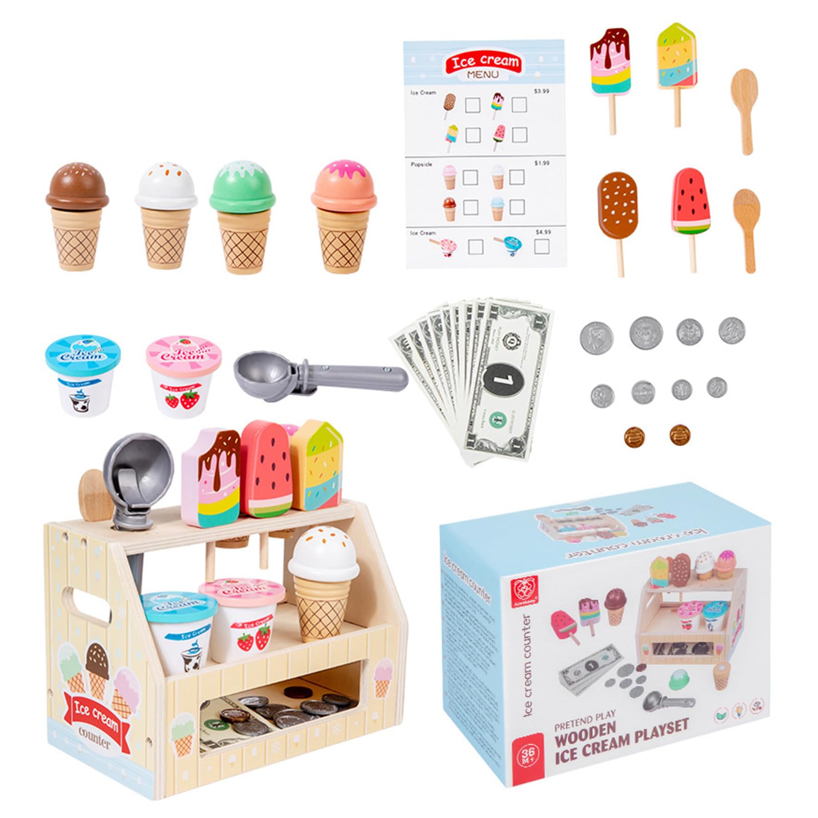 Interaktives Eisdielen Spielset aus Holz für fantasievolle Lernaktivitäten 3 Jahren Rollenspiel Eisdiele mit Schaufeln und Waffeln