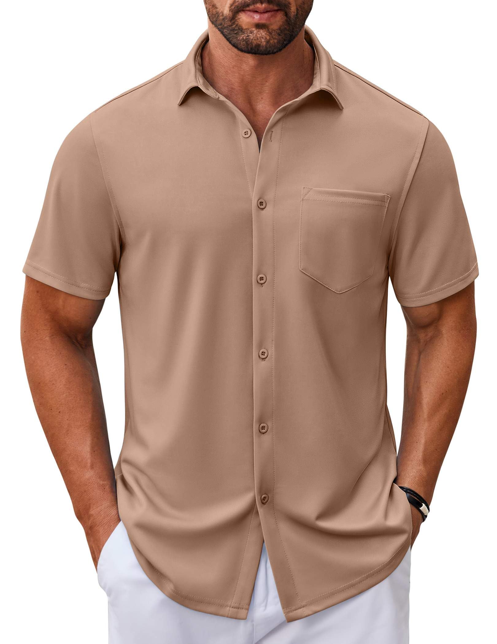 COOFANDY Mens Casual Button Down Shirt Untucked Short Sleeve Strech Wrinkle Free Dress Shirts