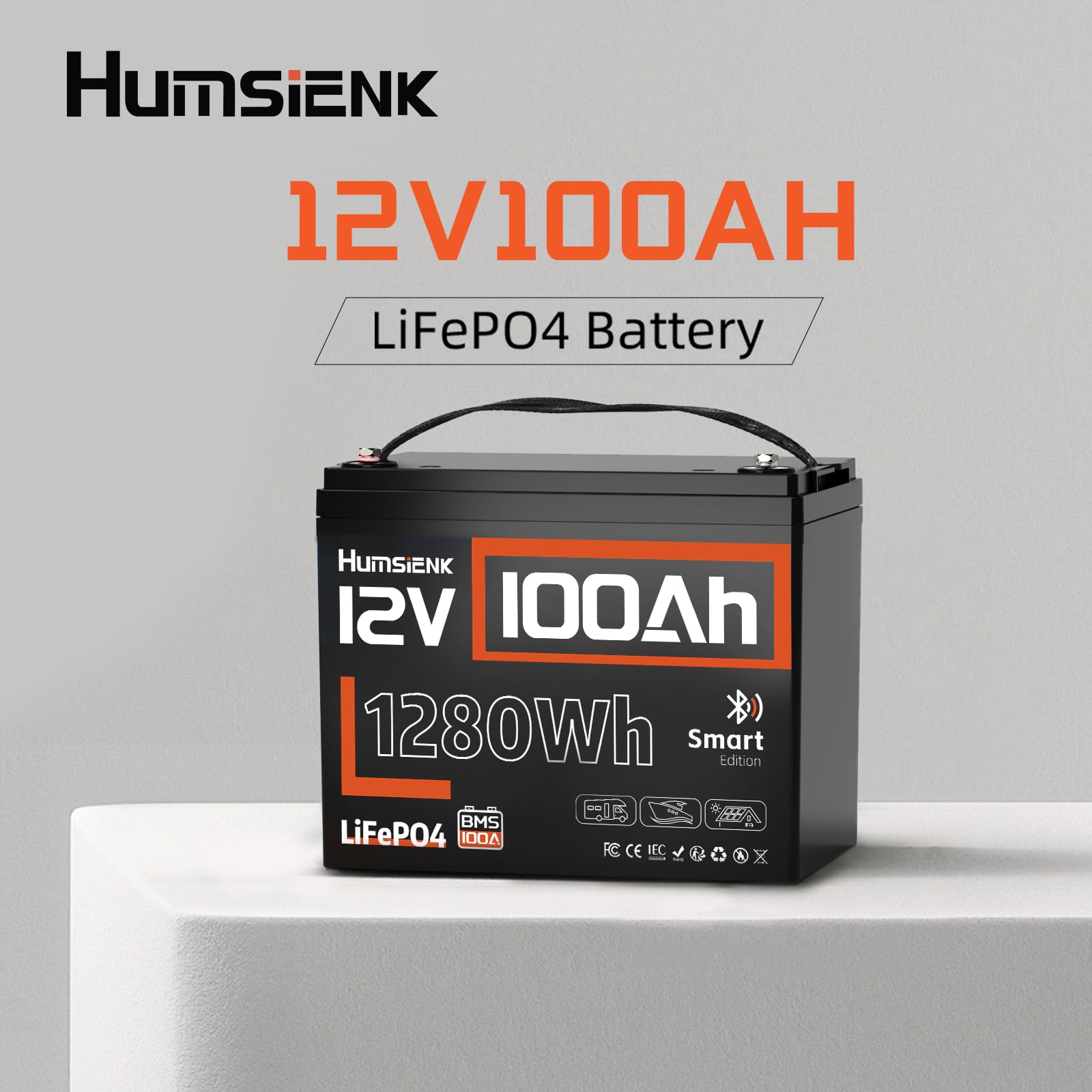 Batteria al Litio 12V 100Ah con Bluetooth HumsiENK LiFePO4 2-Pack | BMS 100A, 15000 Cicli, Group 24, IP67 per Camper, Barca e Solare