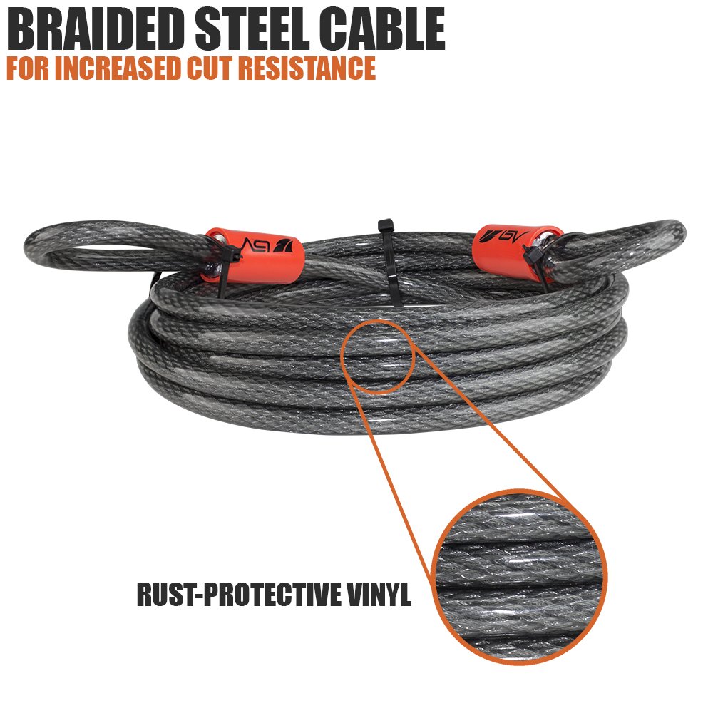 BV Cavo di sicurezza in acciaio da 122 cm, doppio passante, cavo flessibile lock, 3/8", per lucchetto e lucchetto a disco (2 pezzi)