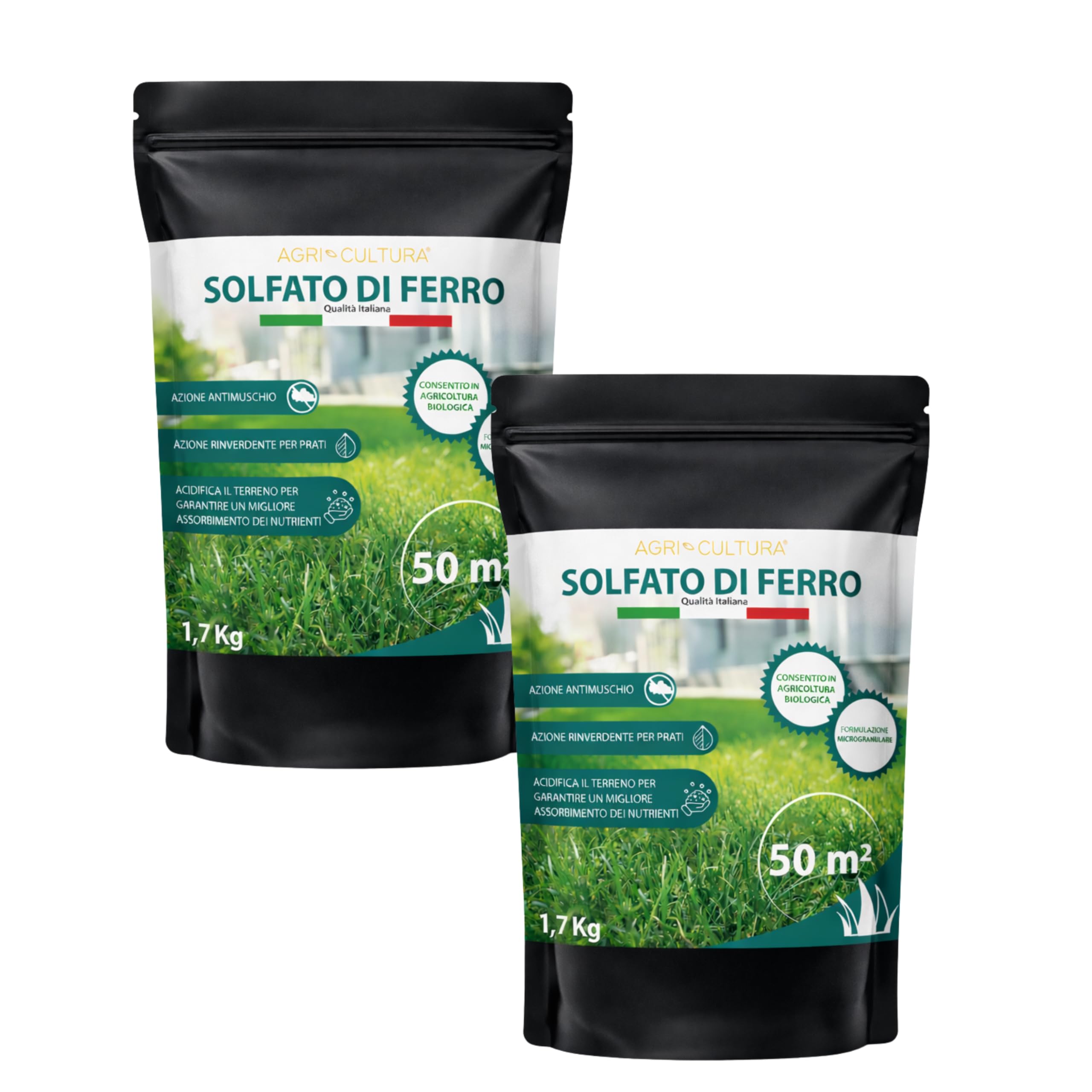 AGRI-CULTURA® | Solfato di Ferro per Prato 100m² | Antimuschio e Rinverdente Prato | Solfato Ferroso Ideale per Contrastare Ingiallimenti e Clorosi Ferrica.
