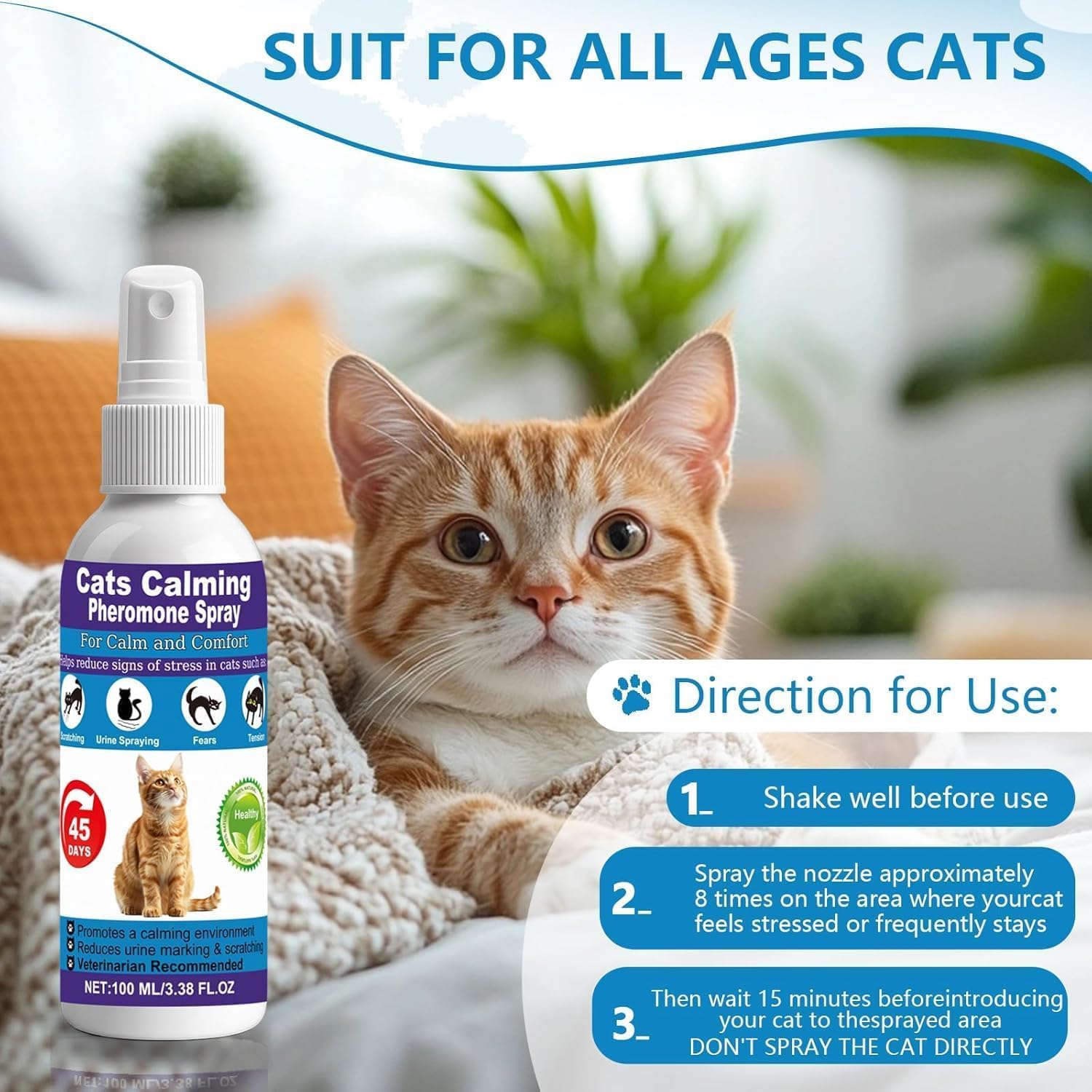 RNLBNMP Cat Calming Spray, 15% F3 Cat Pheromone Spray to Help Calm During Travel and Stress and Reduce Urine Spraying, Scratching, Excessive Grooming & Aggression 2 * 100mL - image 5