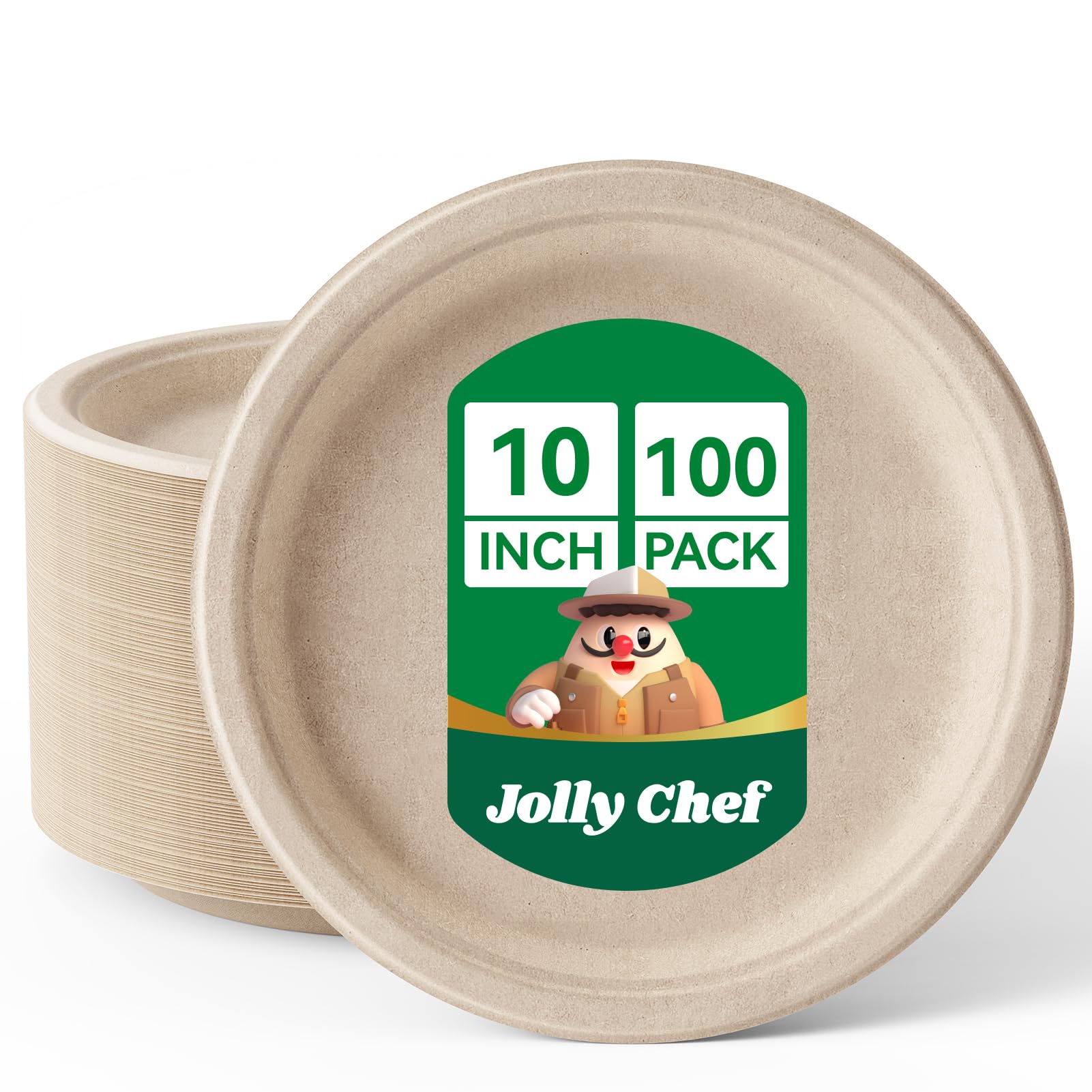 JOLLY CHEF Plato de caña de azúcar compostable de 10 pulgadas, 100 unidades