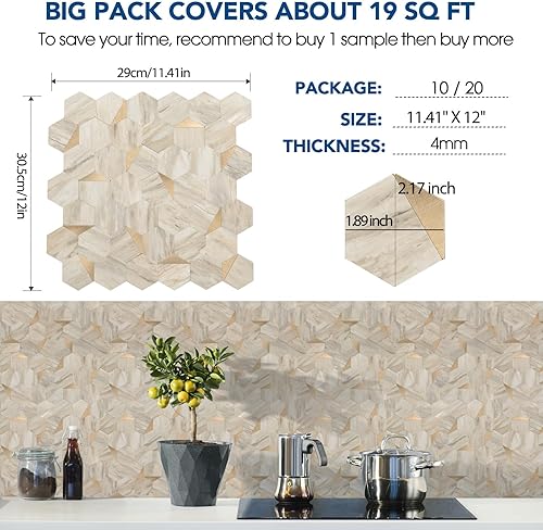 Miniatura 7 de Azulejos hexagonales de 20 hojas para despegar y pegar, 12.2 x 11.34 pulgadas, mármol beige, azulejos de pared de PVC 3D mezclados de mármol beige