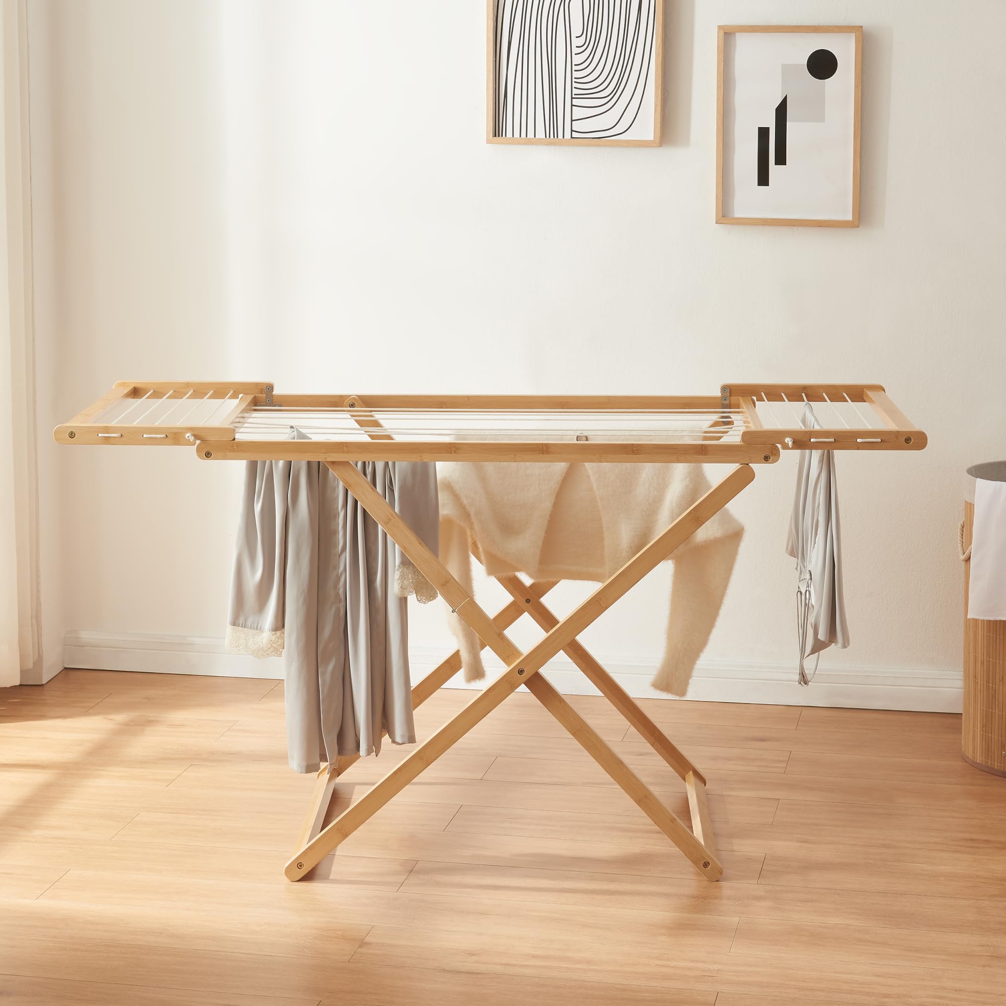 [en.casa] Wäscheständer Fakala Standtrockner klappbar Bambus 154 x 59 x 82 cm Flügelwäschetrockner mit Wäscheleinen Badezimmer Balkon