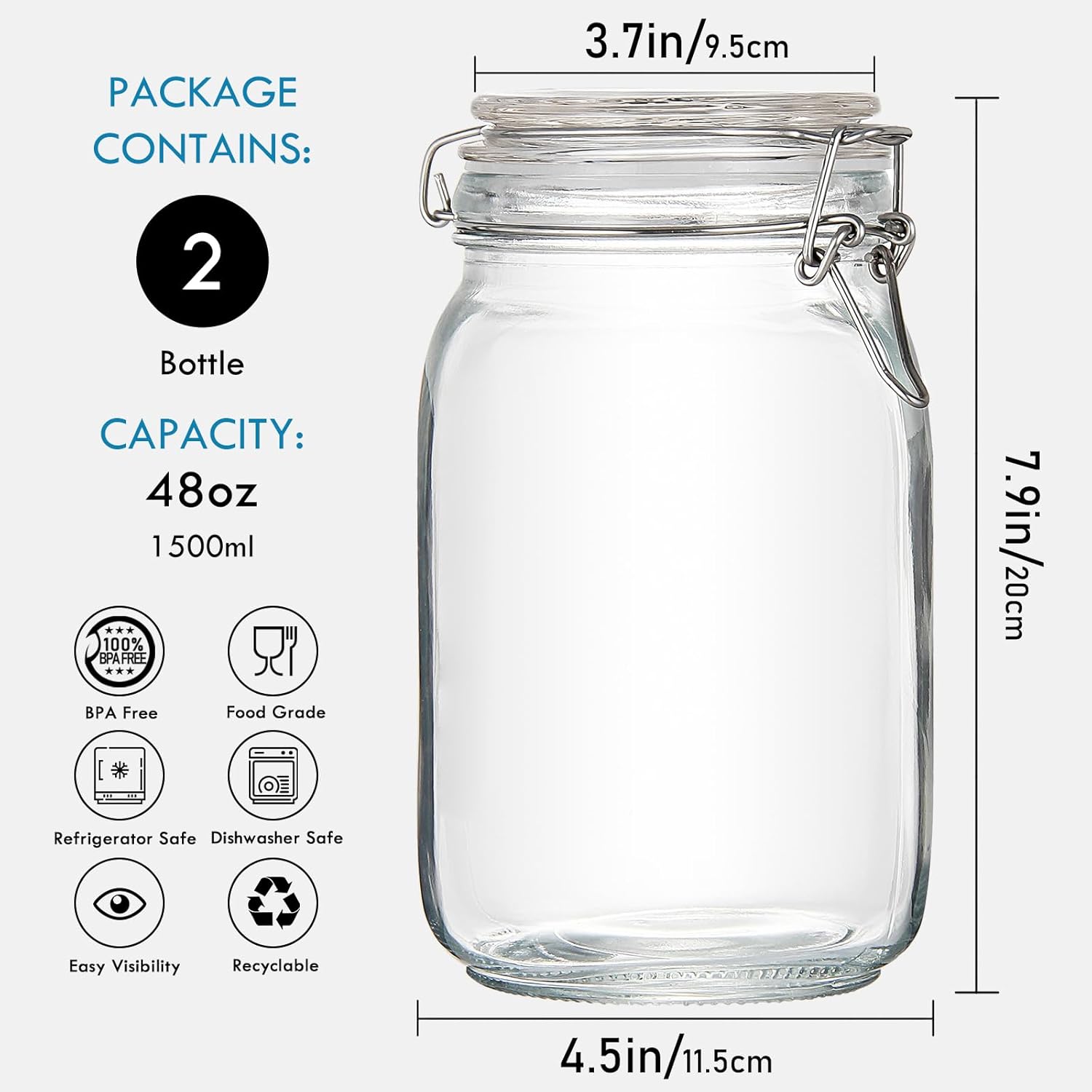 YEBODA 48oz Food Storage Canister Glass Jars with Clamp Airtight Lids and Silicone Gaskets for Multi-Purpose Kitchen Containers - Clear Square (2 Pack) - Image 3