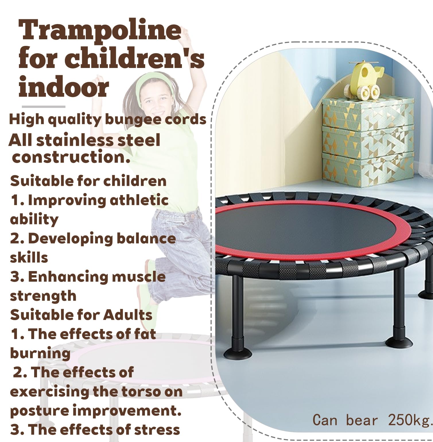 Składana trampolina fitness, 105 cm, cicha, gumowa lina, zawieszenie, regulowany uchwyt o wielu wysokościach, nośność do 300 kg, idealna do treningów domowych