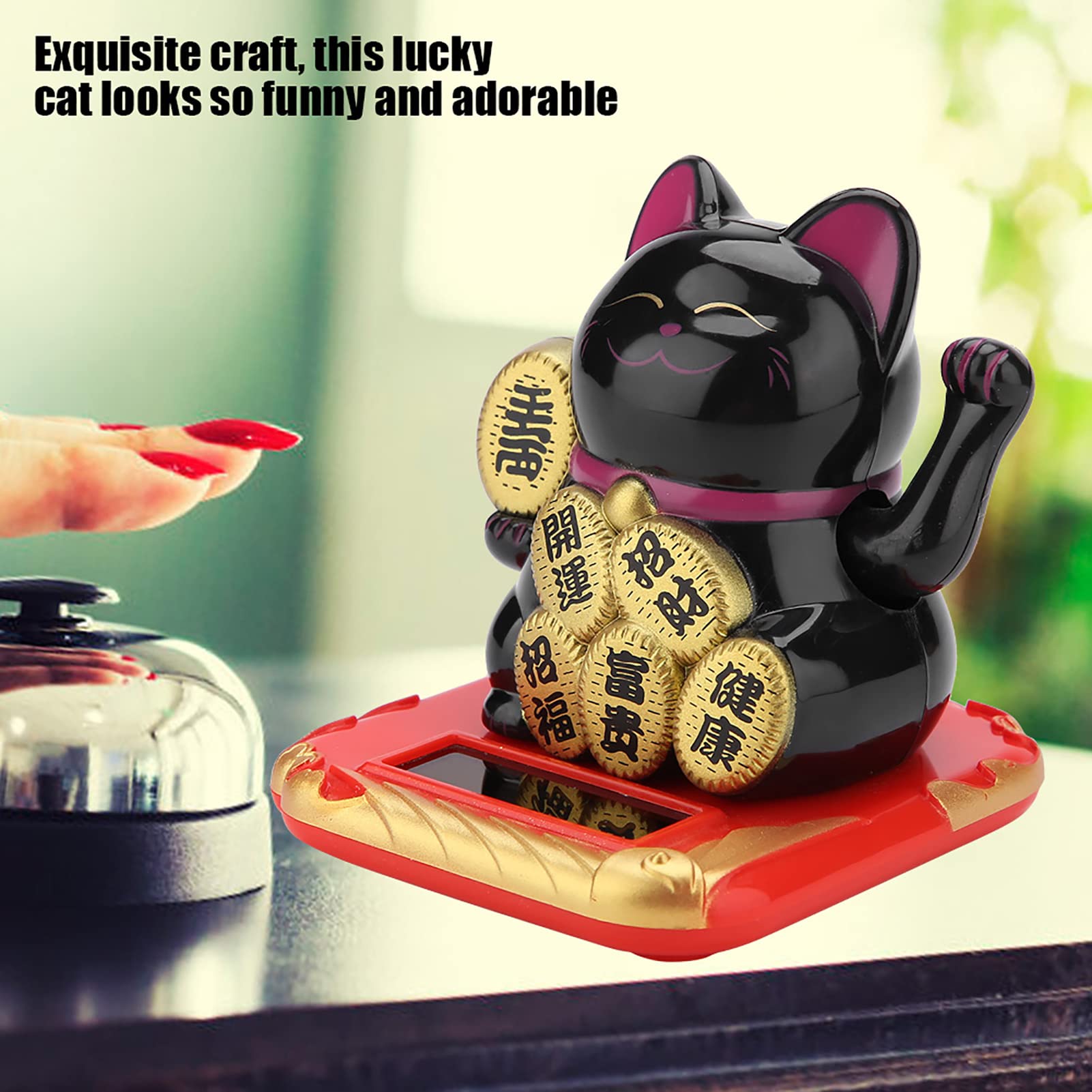 Solar Powered Welcoming Cat Adorable Waving Beckoning Fortune Lucky Cat Home Car Decor (Black)