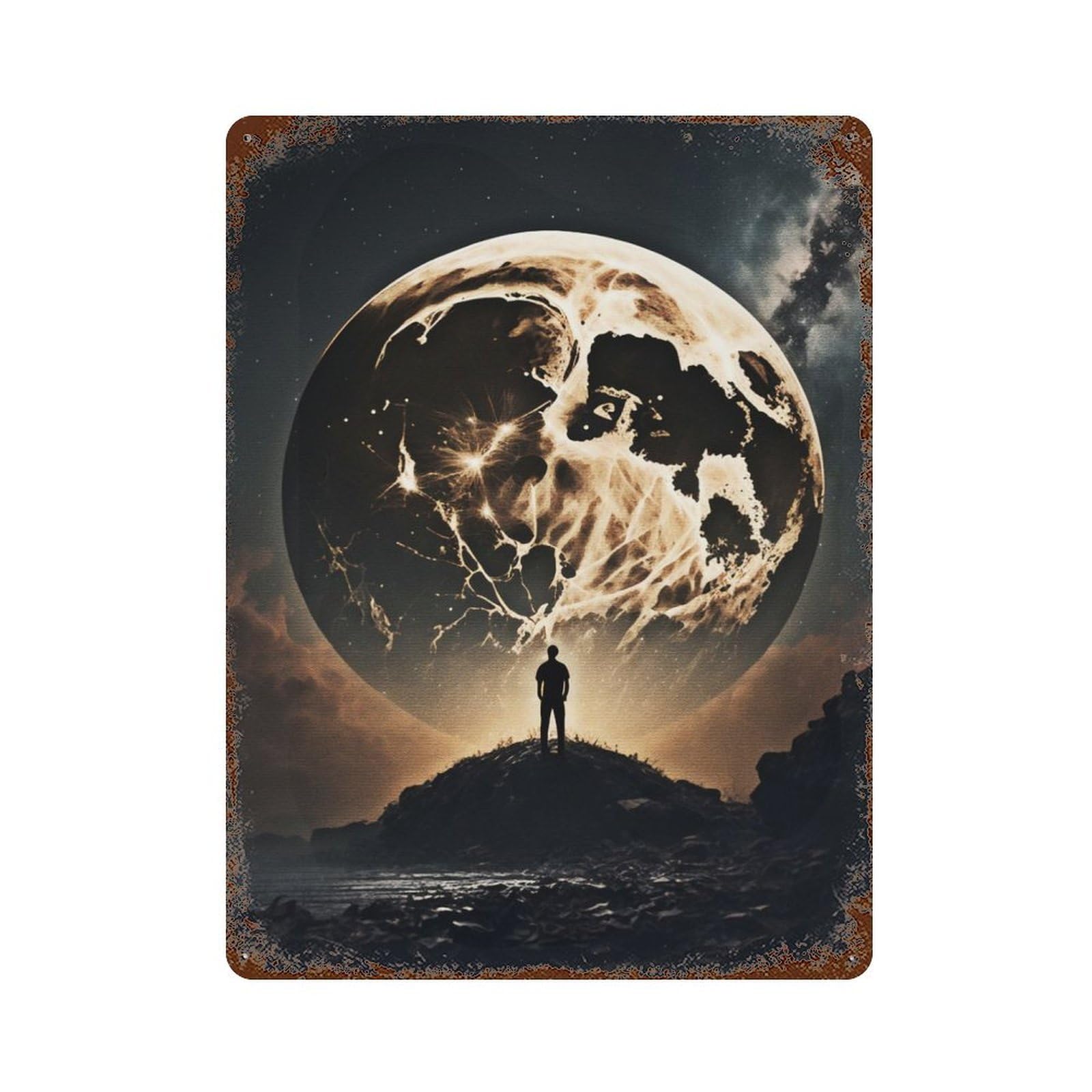 Distressed Metal Wall Sign with The Great Moon Reach Design 15.7"x11.8", for Living Room, Hallway And Home Decor, Vintage Wall Decor
