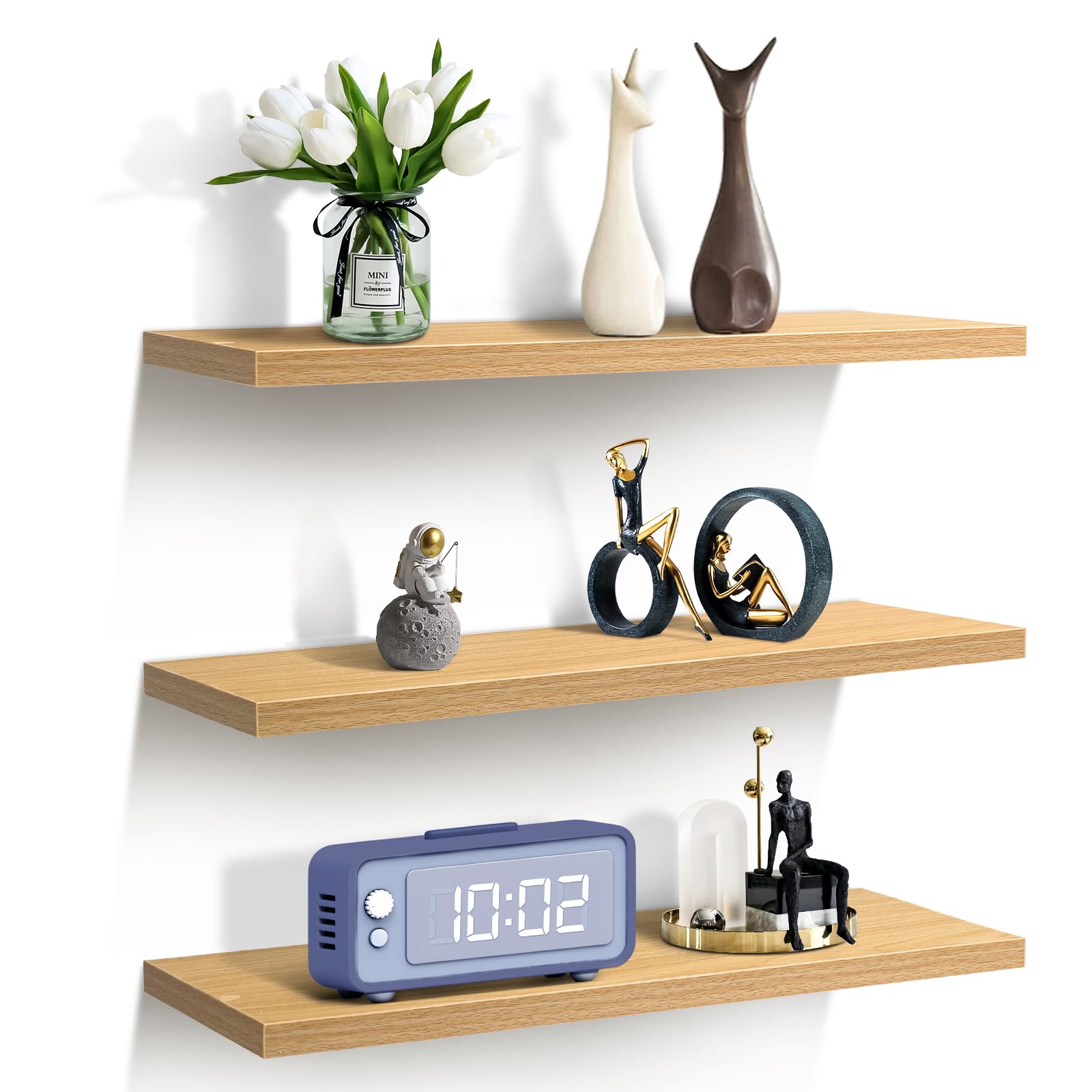 Sour Lemon 3PCS Floating Shelves Light Walnut, 40cm Shelves for wall,Shelves Screw Mounted