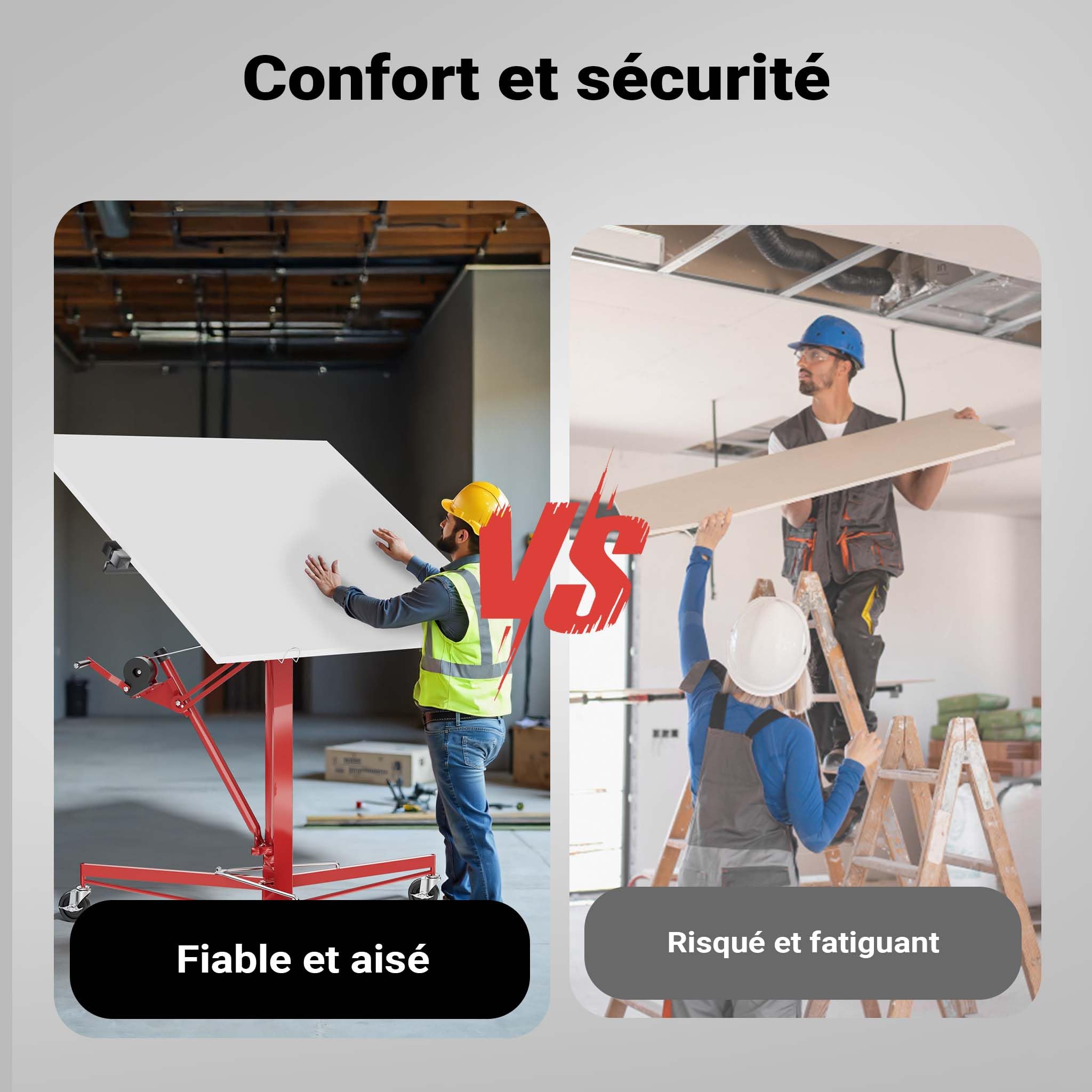 Wiltec Lève-panneaux, lève-plaques de plâtre XXL rouge – capacité de charge max. 68 kg – Hauteur 140-350 cm – Largeur max. 290 cm – 3 Roues - Aide au montage Construction