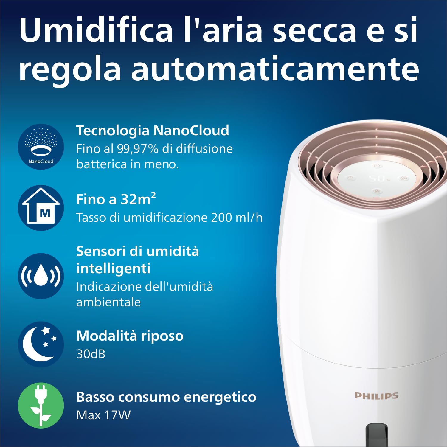 Philips 2000 Series Umidificatore D'aria - 32m² Umidificatore d'ambiente, NanoCloud, 3 Velocità, Modalità Sleep, Serbatoio 2 litri (HU2716/10)