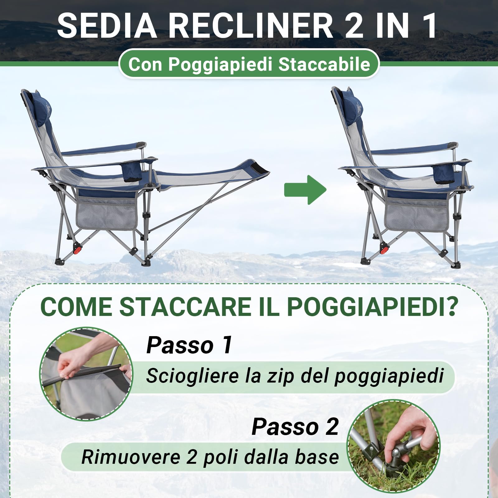 #WEJOY Set di 2 Sedia da Campeggio Pieghevole Reclinabile, Sedia Sdraio da Spiaggia Portatile, Schienale Regolabile, Poggiapiedi Staccabile, Sedia Pieghevole per Esterno Giardino Pesca, Navy Blu