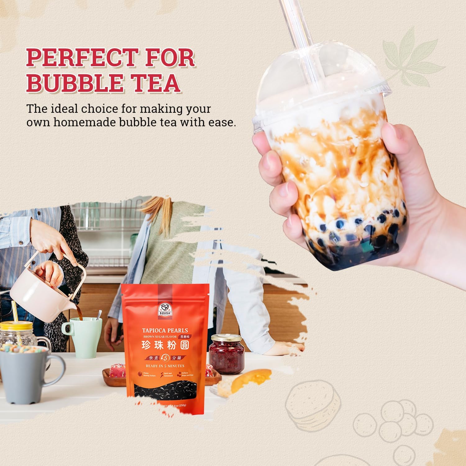 52USA Boba Tapioca Perla Sapore Di Zucchero Nero Fresco Bubble Tea Perla, 250 g, Perla di Tapioca Nera per Bolle, Pronto in 5 minuti (1 pezzo)