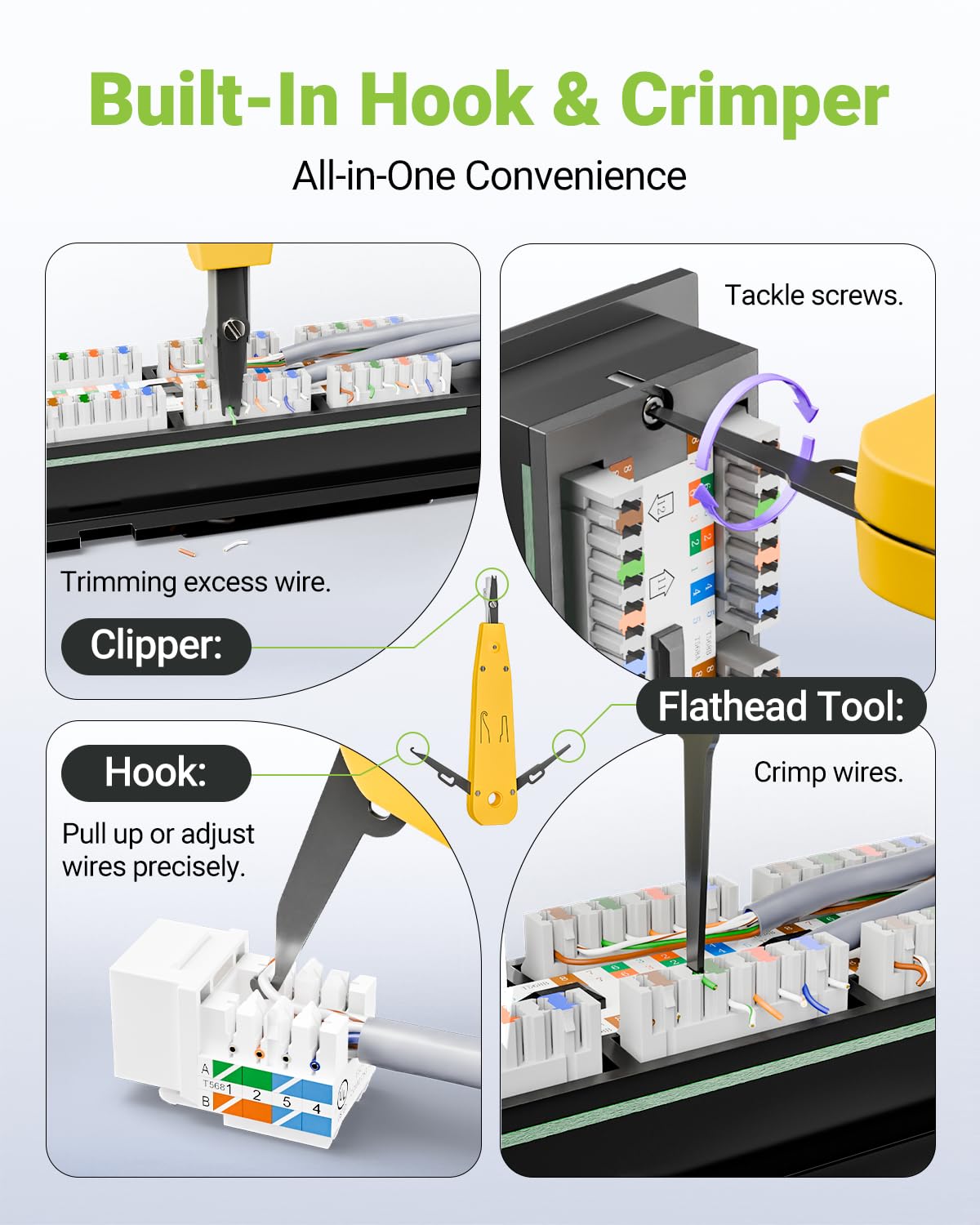 Narzędzie do dziurkowania, narzędzie Ethernet Punchdown Krone do gniazda RJ45 Cat5/Cat6/Ca6A kabel telefoniczny RJ11 profesjonalne narzędzia do wkładania zacisków z hakiem do ściągania izolacji