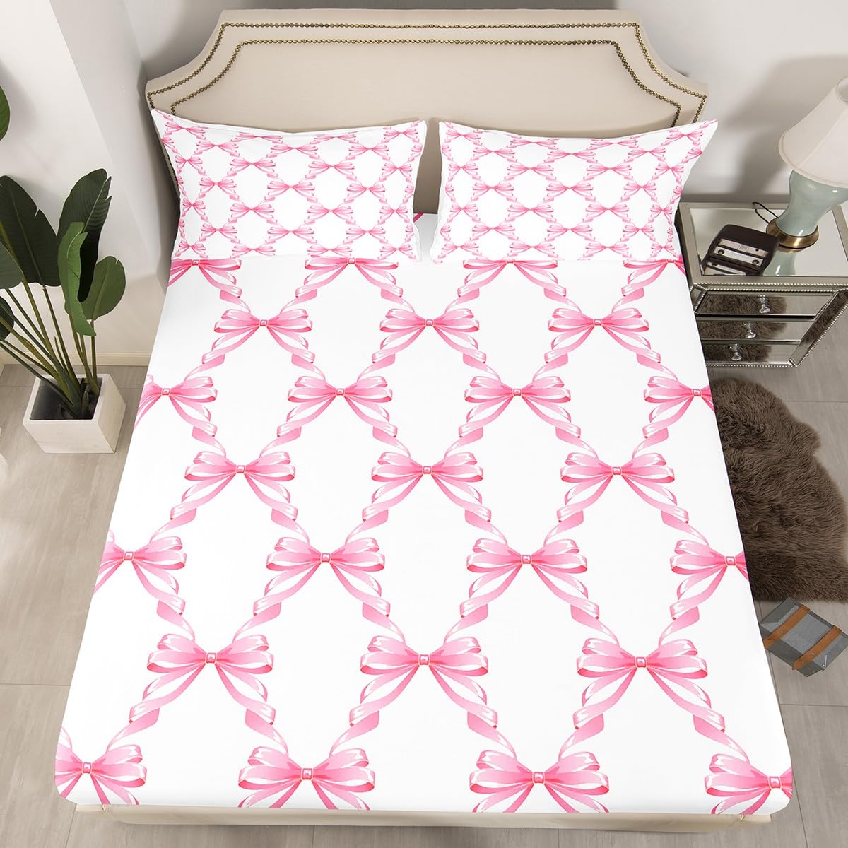 Homemissing Pink Bowknot Sheet Set for Girls Single Size Dreamy Princess Style Sheets with Deep Pocket Fitted Sheetative Cute Bow Fairy Tale Theme Girly Bed Sheets Set Geometric Bedding Set 3Pcs - Image 4