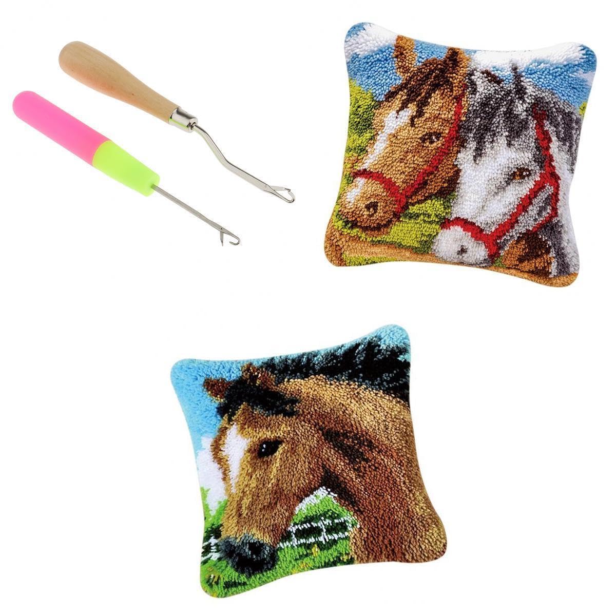 MERISHOPP® 2 Set Horses Pillowcase Latch Hook Kit and 2pcs Latch Hook Tool for Beginner|Crafts | Needlecrafts & Yarn | Rug Making | Latch Hooking-image-31