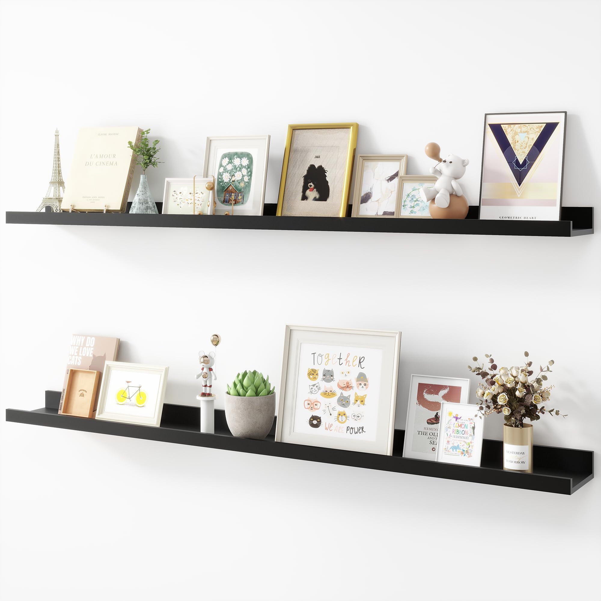 Acovy Picture Ledge Shelf, MDF Wood Floating Shelves Set of 2, Picture Ledge Photo Ledge Wall Mounted for Living Room Kids' Room Bedroom, Color Black (Black, 48")
