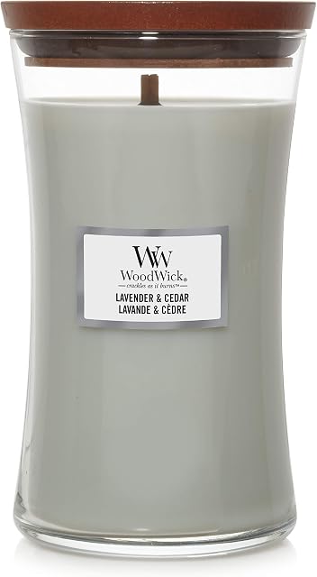Duża świeca zapachowa WoodWick w naczyniu w kształcie klepsydry, z trzaskającym knotem, Lavender & Cedar, czas palenia do 130 godzin