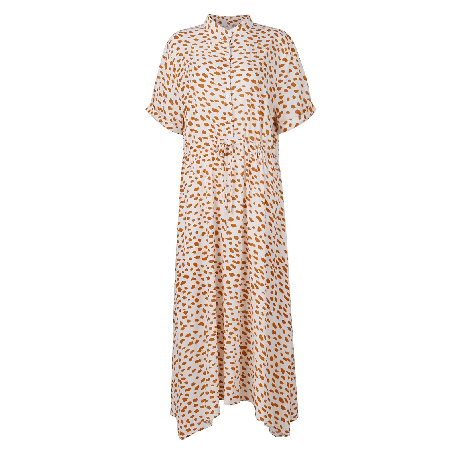 Kleider Damen Sommer Lang mit Arm Kleid Punkte A Linie Damen Sommerkleid Kurzarm Elegant Sommerkleider mit Knopfleiste Stehkragen Strandkleid Luftig Midi Gepunktetes Kleid mit Gürtel
