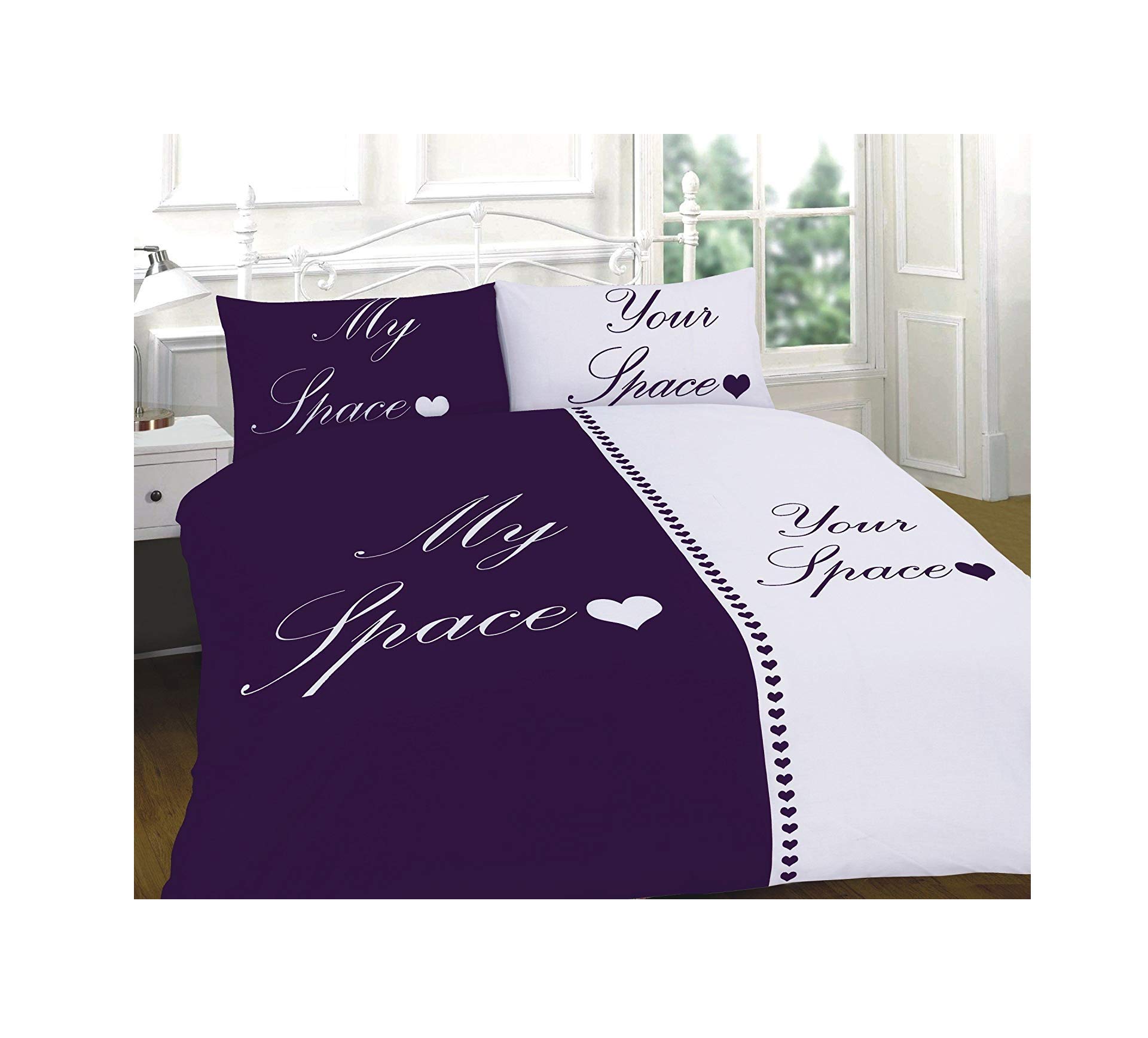 Excellent Hotel Quality King Couple My Space Your Space Plum and White Duvet Cover Set Bedding Set with Pillowcases - King Size