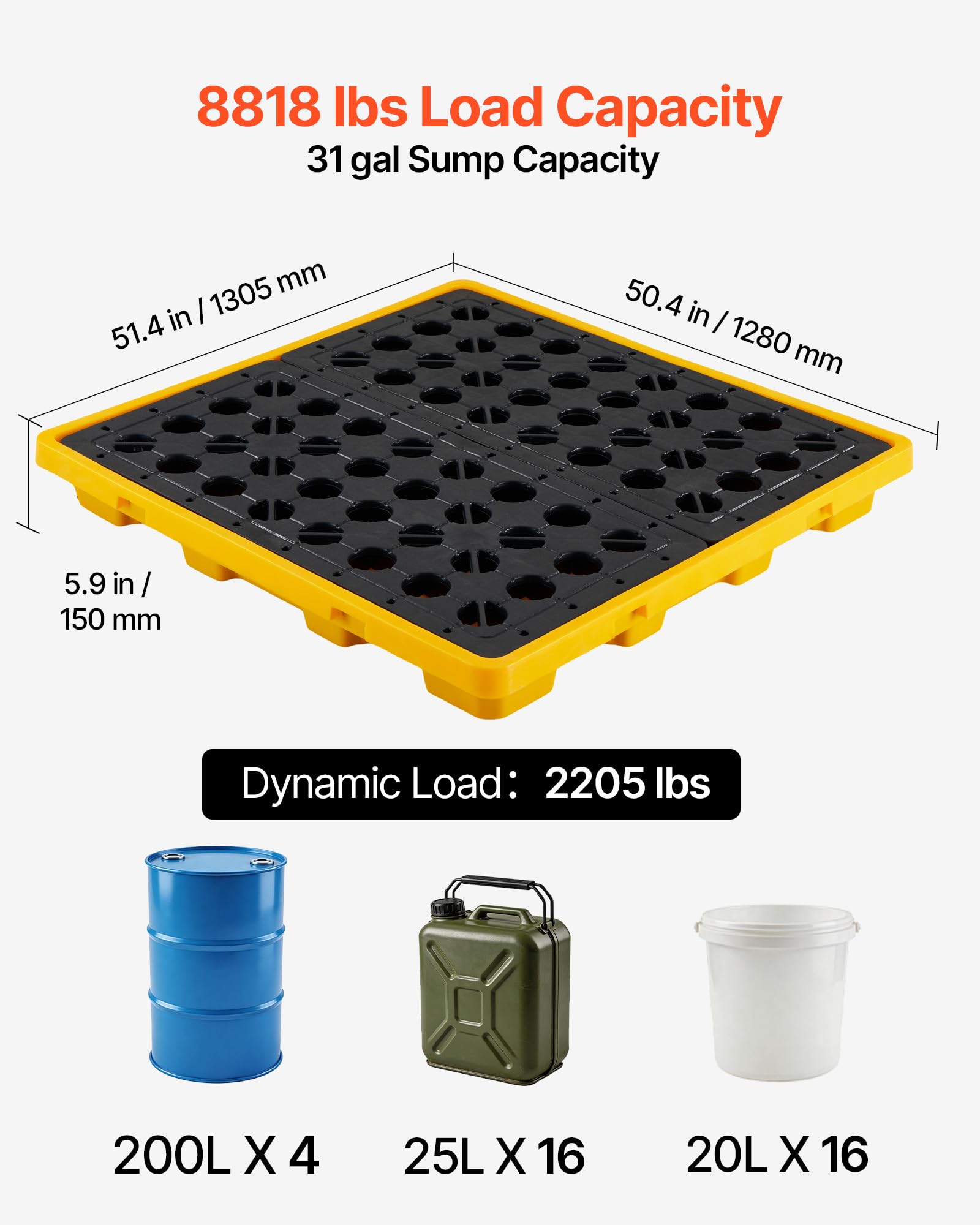 VEVOR Palette de Rétention pour 4 Fûts, Bac de Rétention avec Caillebotis et Drain, Plateforme de Déversement en PEHD à Profil Bas, Capacité 117,4 L, Charge Maximale 4000 kg, 1305x1280x150 mm, Jaune