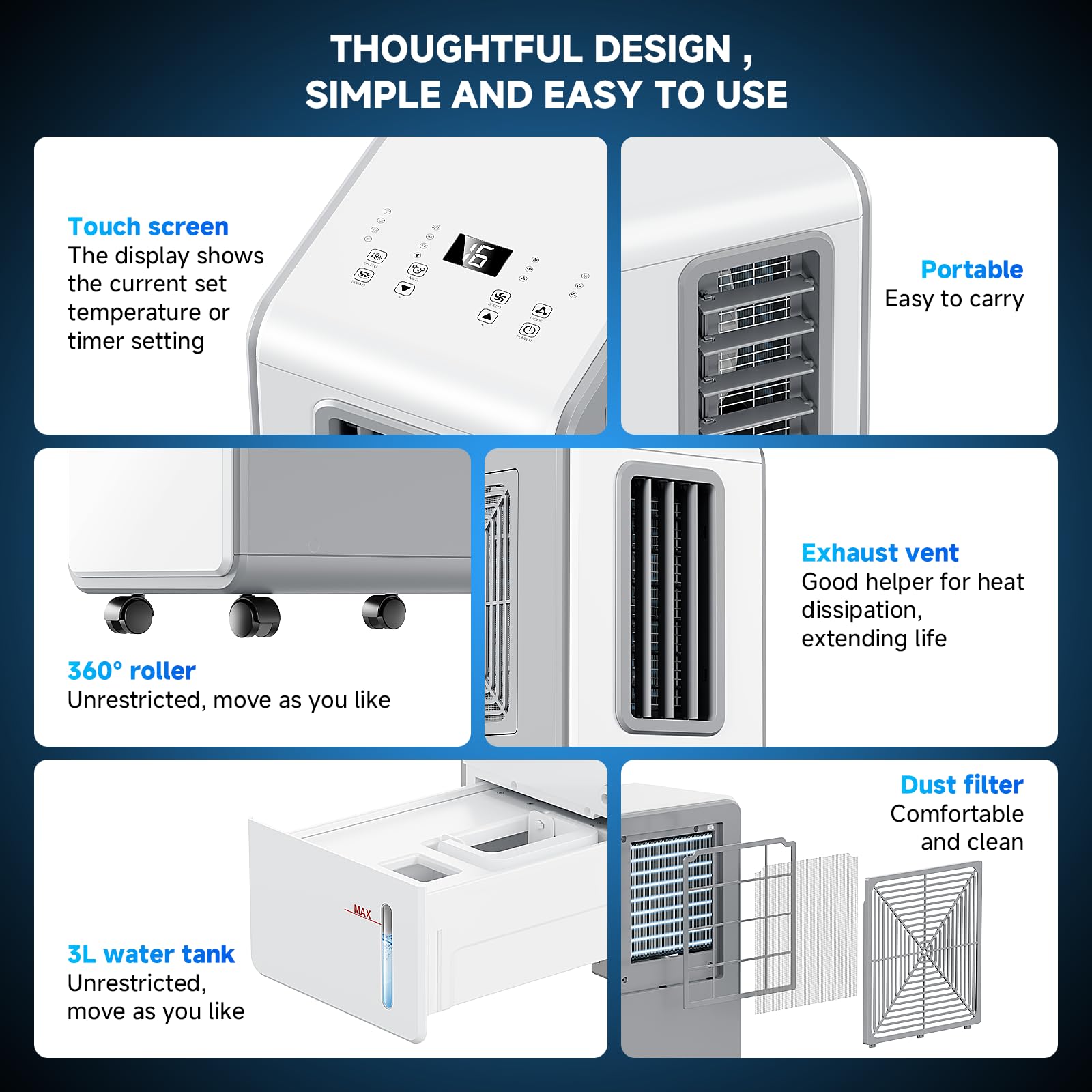 Climatiseur mobile 4-en-1 et refroidisseur d'air, déshumidificateur, ventilation, minuterie 24h, silencieux, parfait pour chambre à coucher, bureau et cuisine (blanc pur)