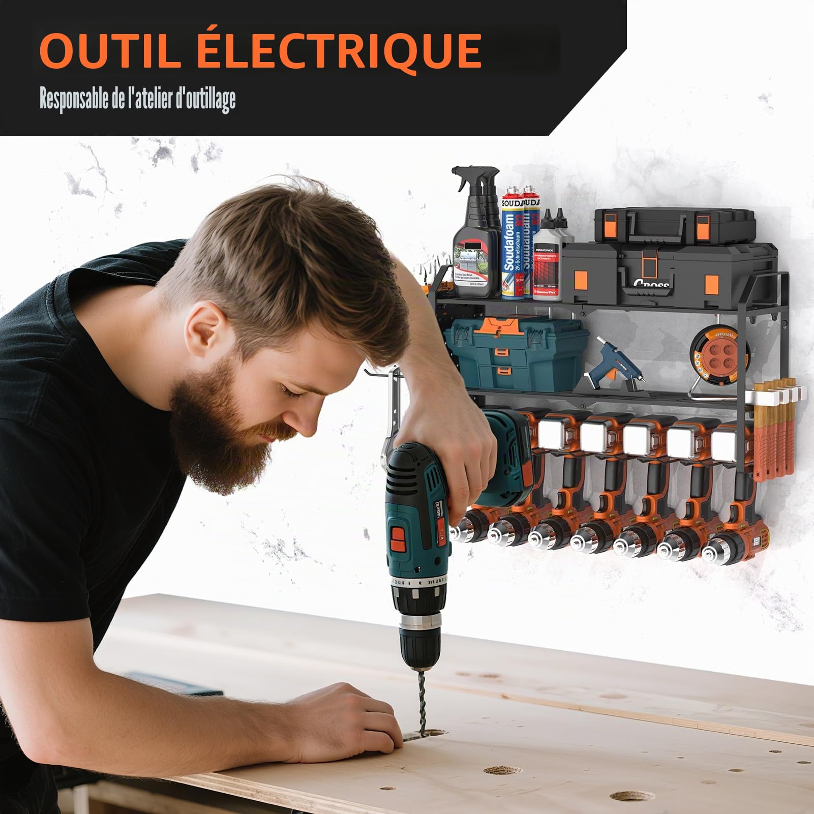 Organiseur d'outils électriques, 3 couches pour 7 porte-perceuses, support mural robuste avec support de tournevis latéral pour garage, maison, atelier