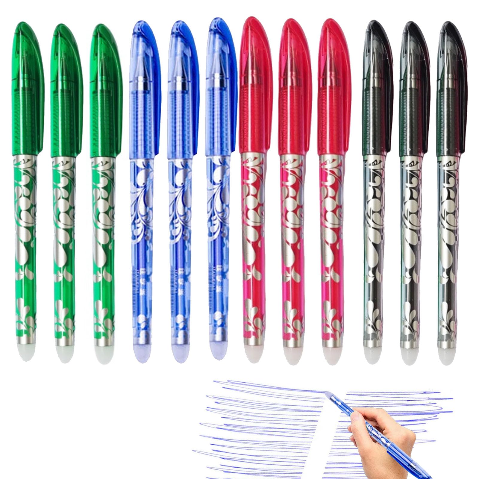 12 Bolígrafo Borrables, Bolígrafo Borrable de Gel, Bolígrafos de Tinta Borrables, Punta Fina 0,5 mm, Escritura Suave y Precisa, Ideales para Estudiantes, Profesores y Oficina, Negro Azul Rojo Verde