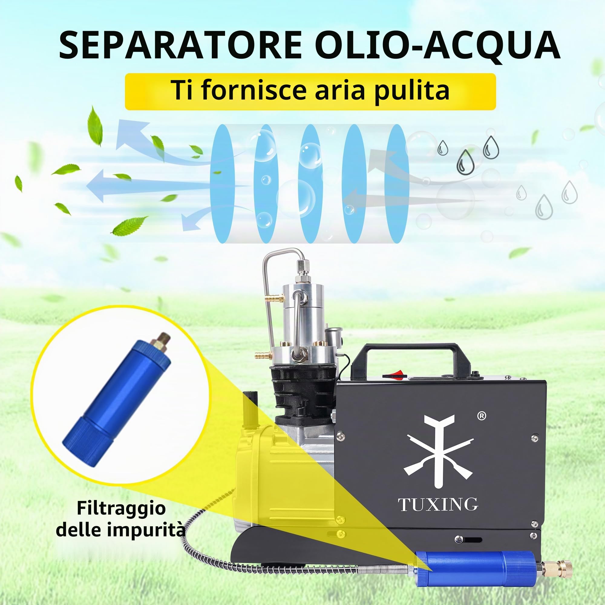 TUXING Compressore d'aria Pcp, compressore elettrico a pressione regolabile con doppio sistema di raffreddamento acqua/ventola per fucile ad aria compressa Pcp, ricarica serbatoio sub 220V