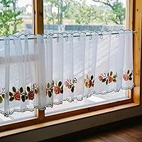 Vista 6 de HM&DX Cortina corta con bordado floral de encaje, cenefa de encaje rústico, estilo pastoral, sin perforación, cenefa de ventana para cocina, Hilo