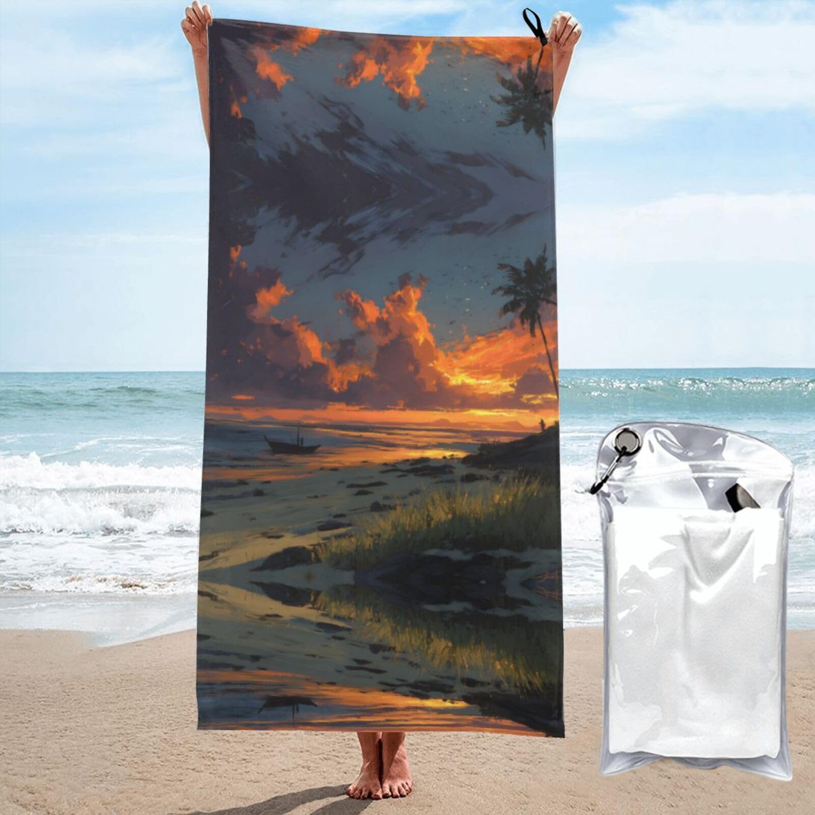 ESNAIUVCD Sunset Beach Print Beach Towel, Microfibre Sauna Towel, Quick-Drying Fitness Towel, Lightweight And Thin Portable Sauna Towel